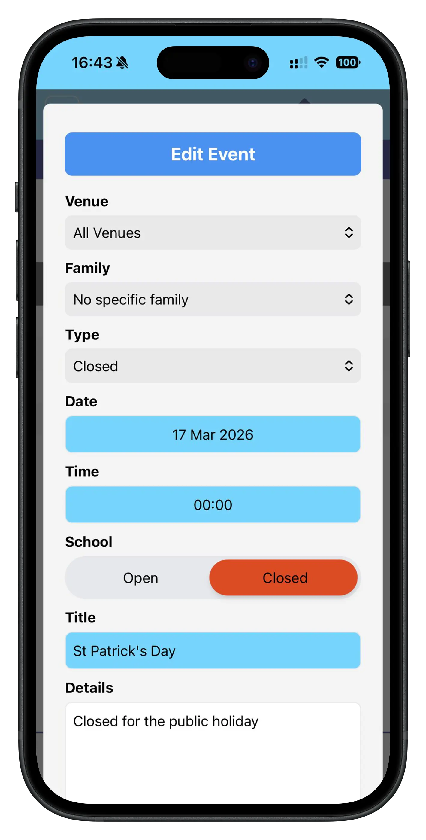 Admin calendar creation screen for setting term dates, closures and events in an Irish childcare service