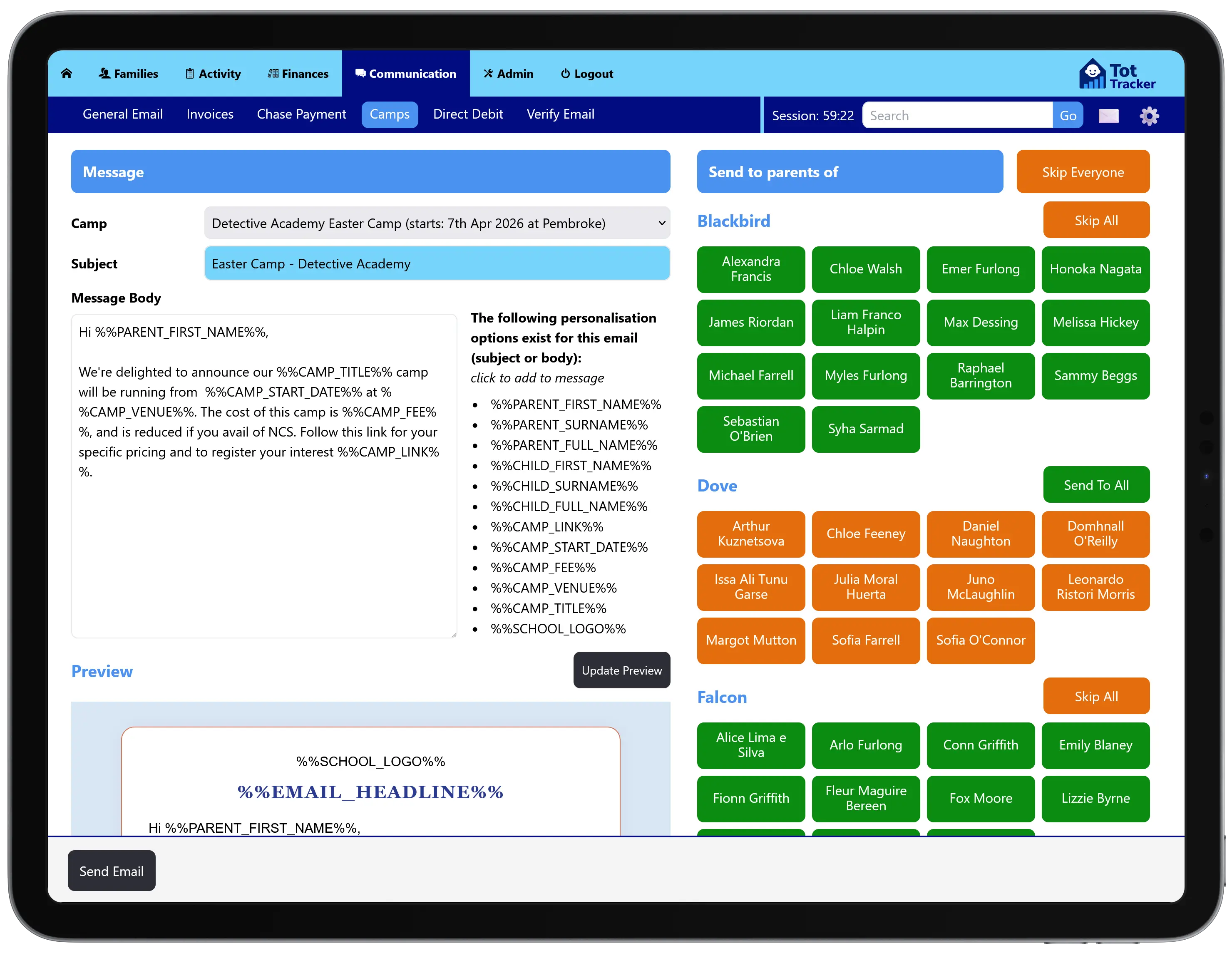 Camp communication screen showing message sent to parents with camp details and booking link