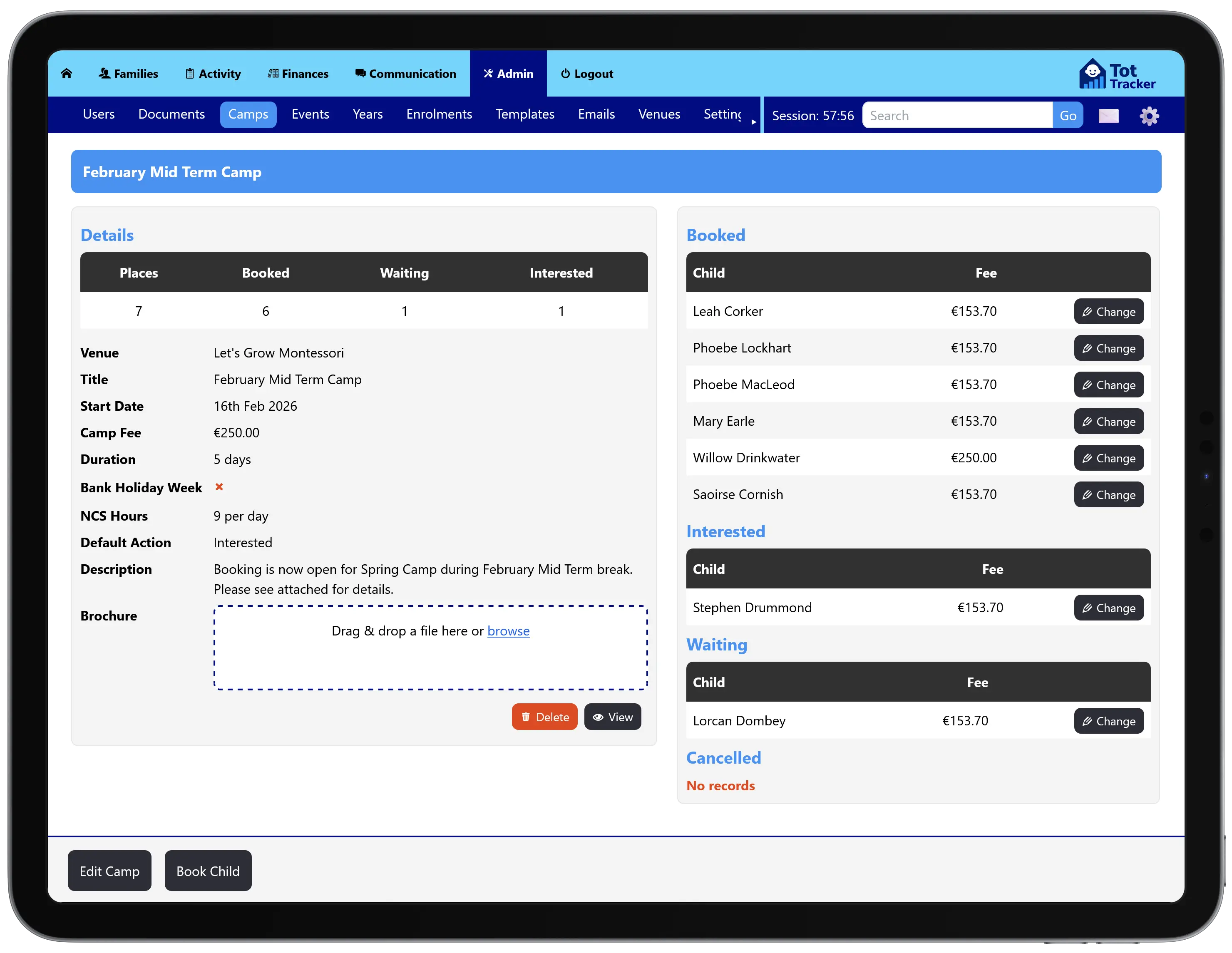 Tot Tracker camp creation screen showing dates, capacity and pricing configuration
