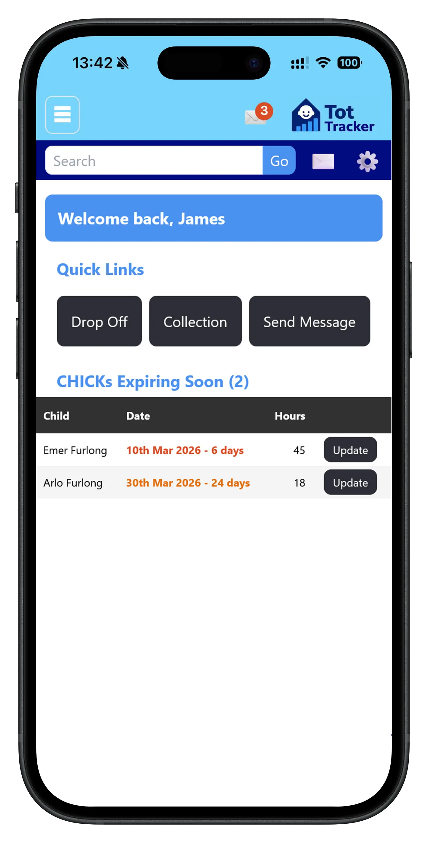 Tot Tracker notification showing CHICK codes due to expire with parent contact details for renewal