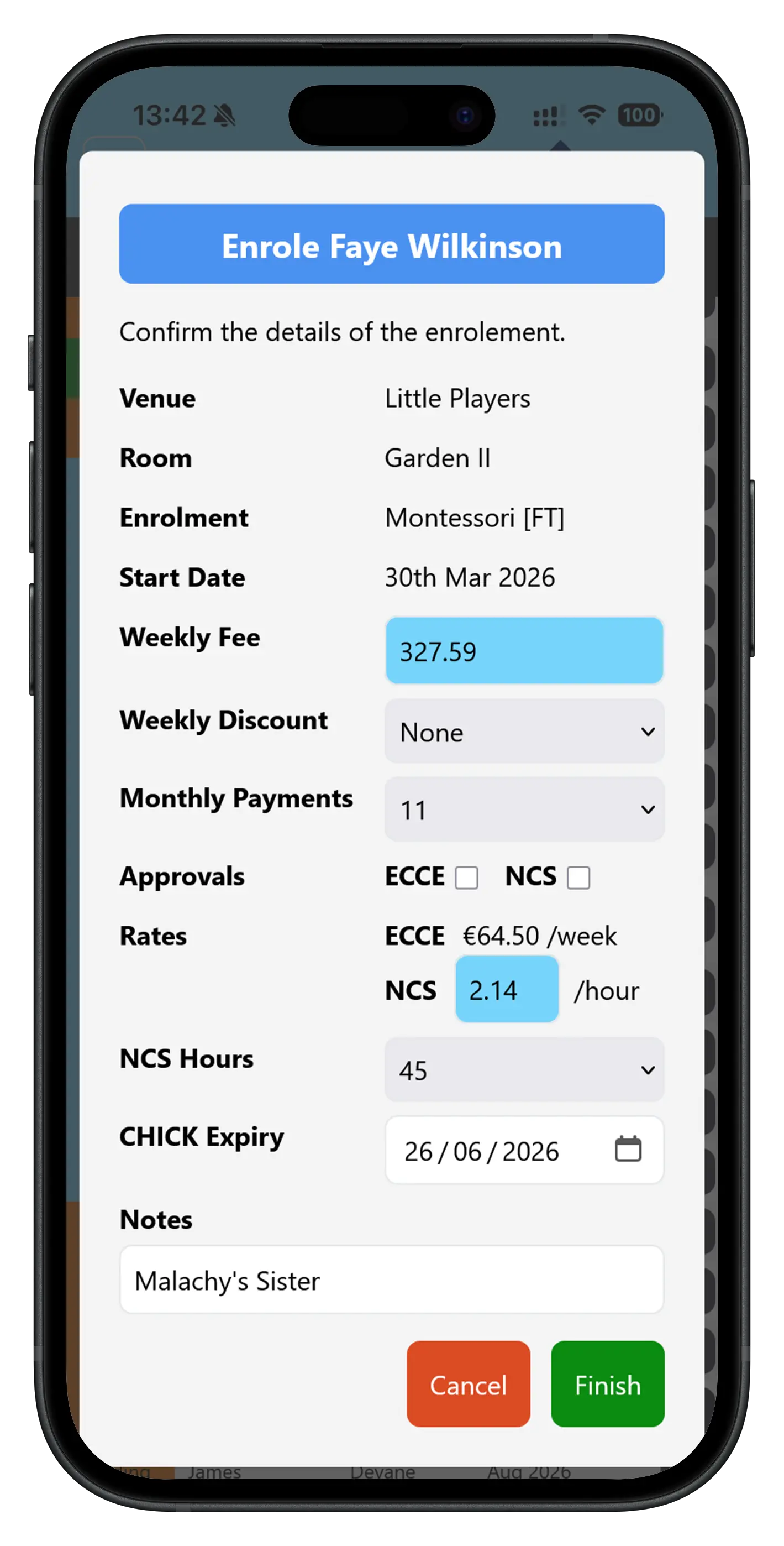 Admin enrolment flow showing fee schedule assignment, Direct Debit setup and authorised adult configuration