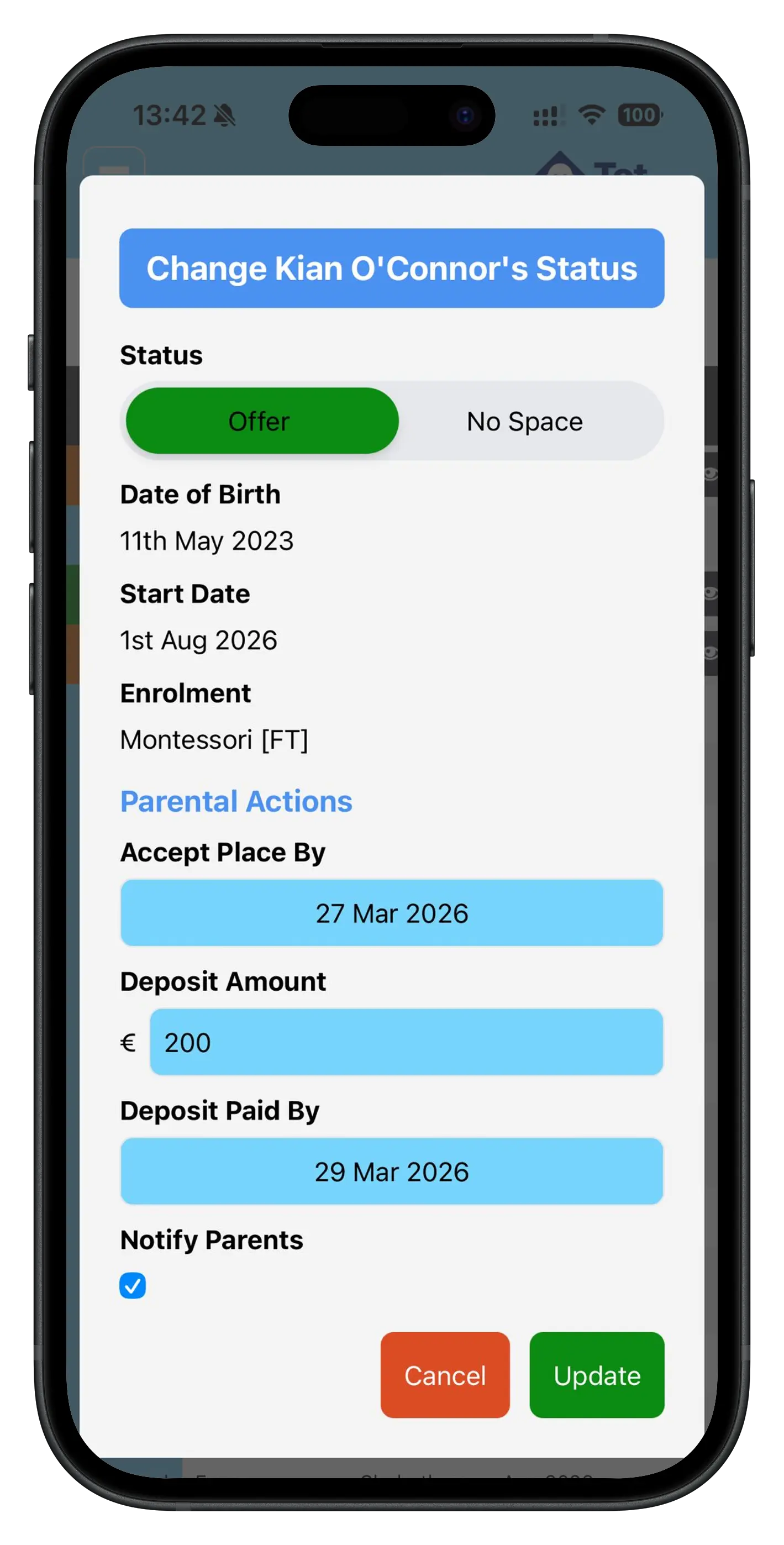 Waiting list action screen showing place offers, deposit status and automated follow-up options