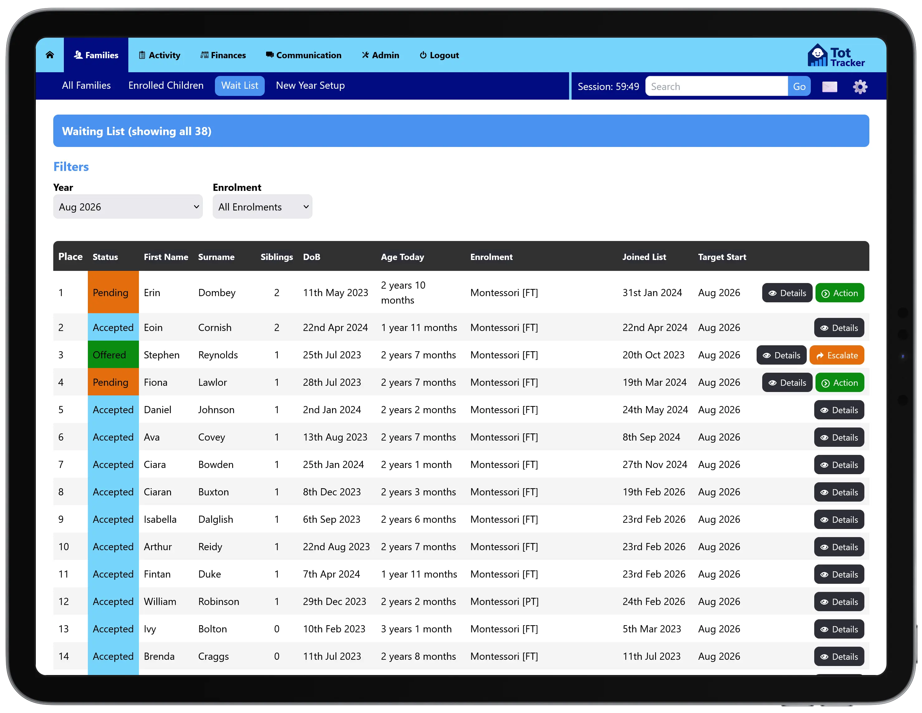 Tot Tracker waiting list showing queued children with application dates and priority ordering for an Irish childcare service