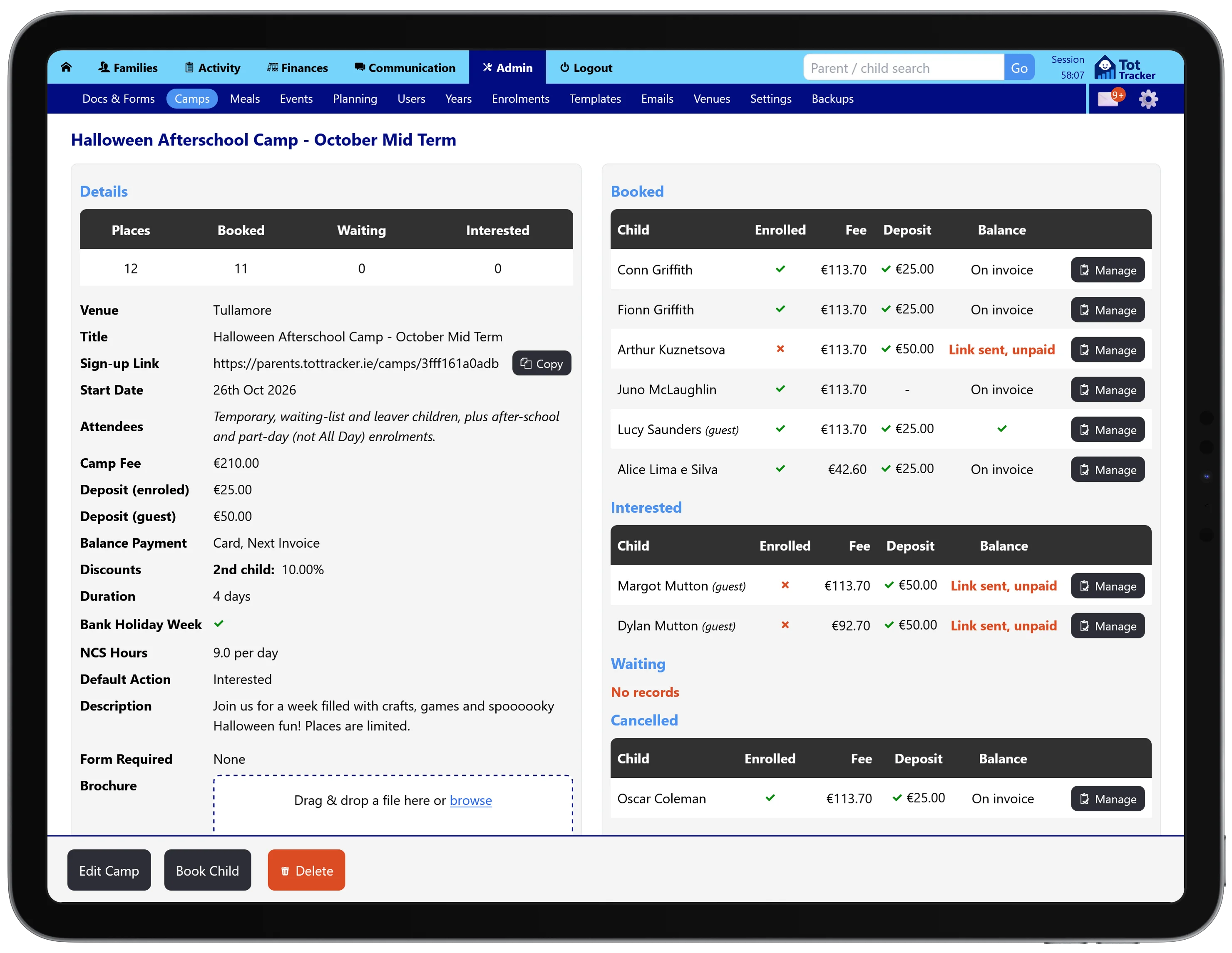 Admin camp screen showing places, booked children, interested families and payment status