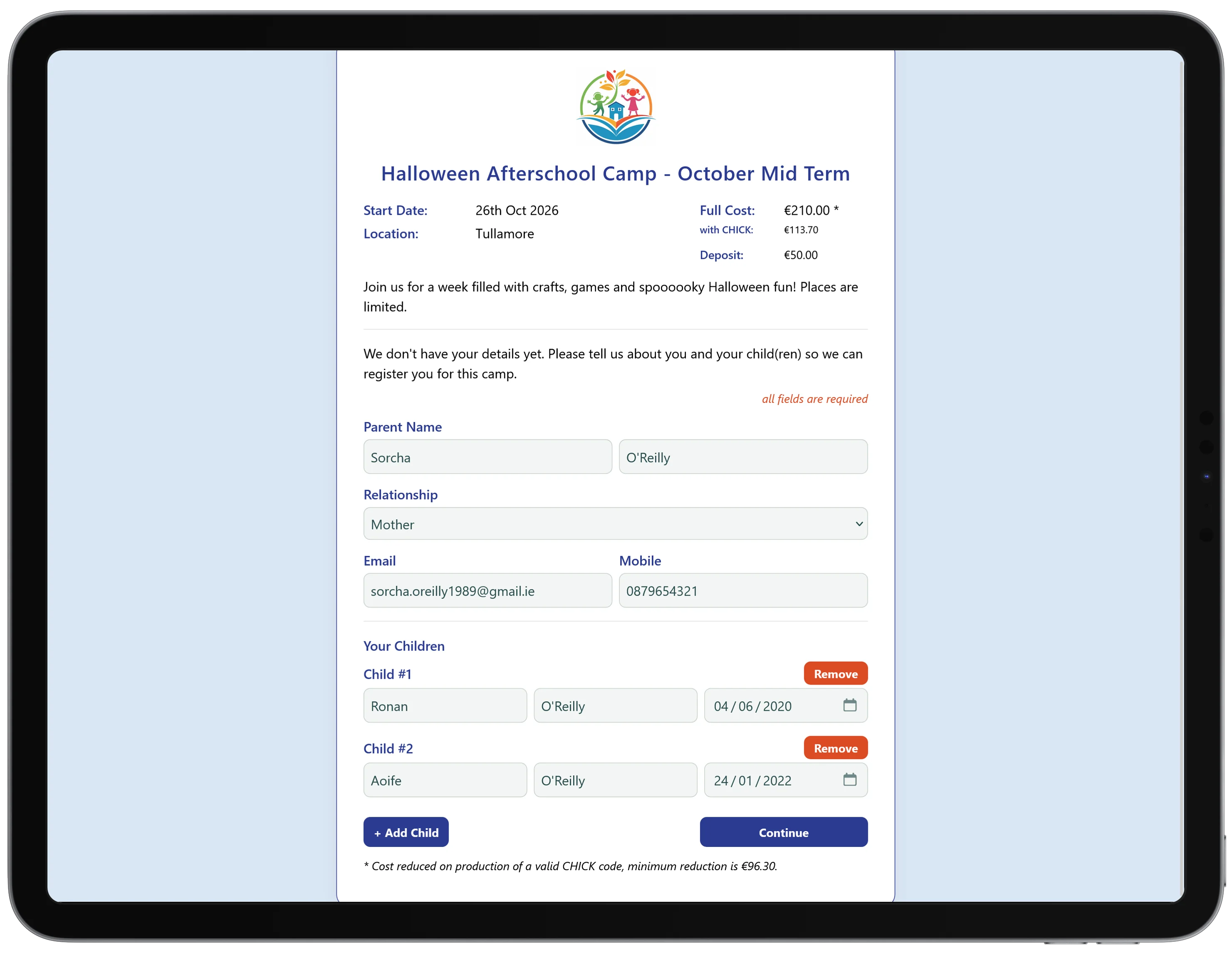Camp booking form on a tablet with two children added