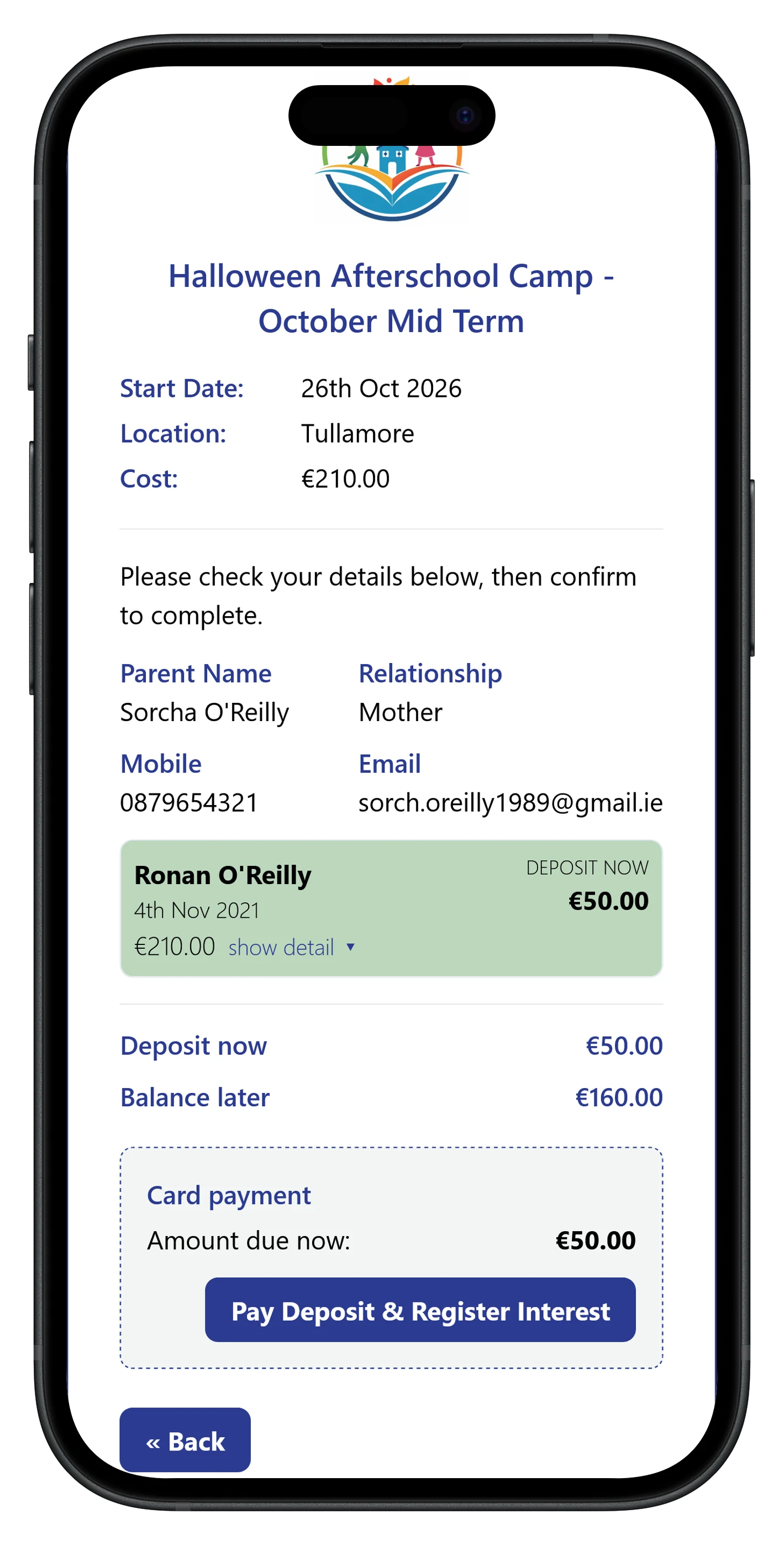 Card payment step showing the deposit due now and the balance to be paid later