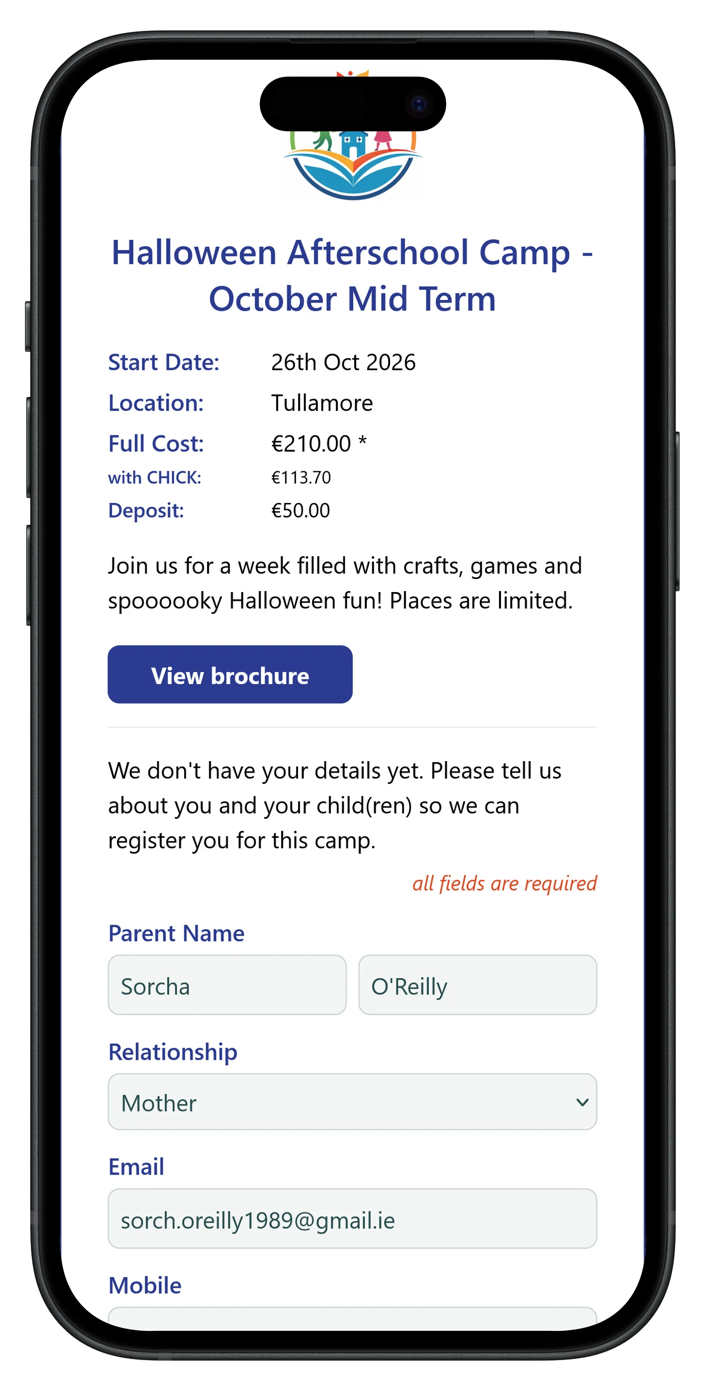 Public camp booking page on a phone: camp details, brochure button and the form a new family fills in