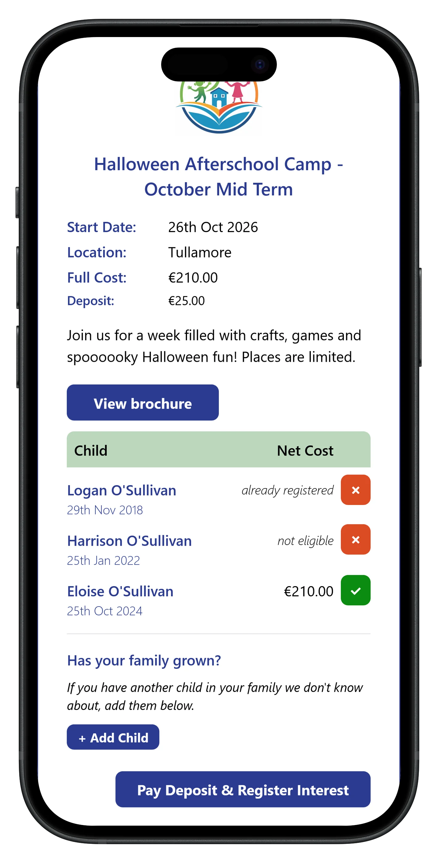 Camp booking page for a family already on the system, with each child's eligibility and cost shown
