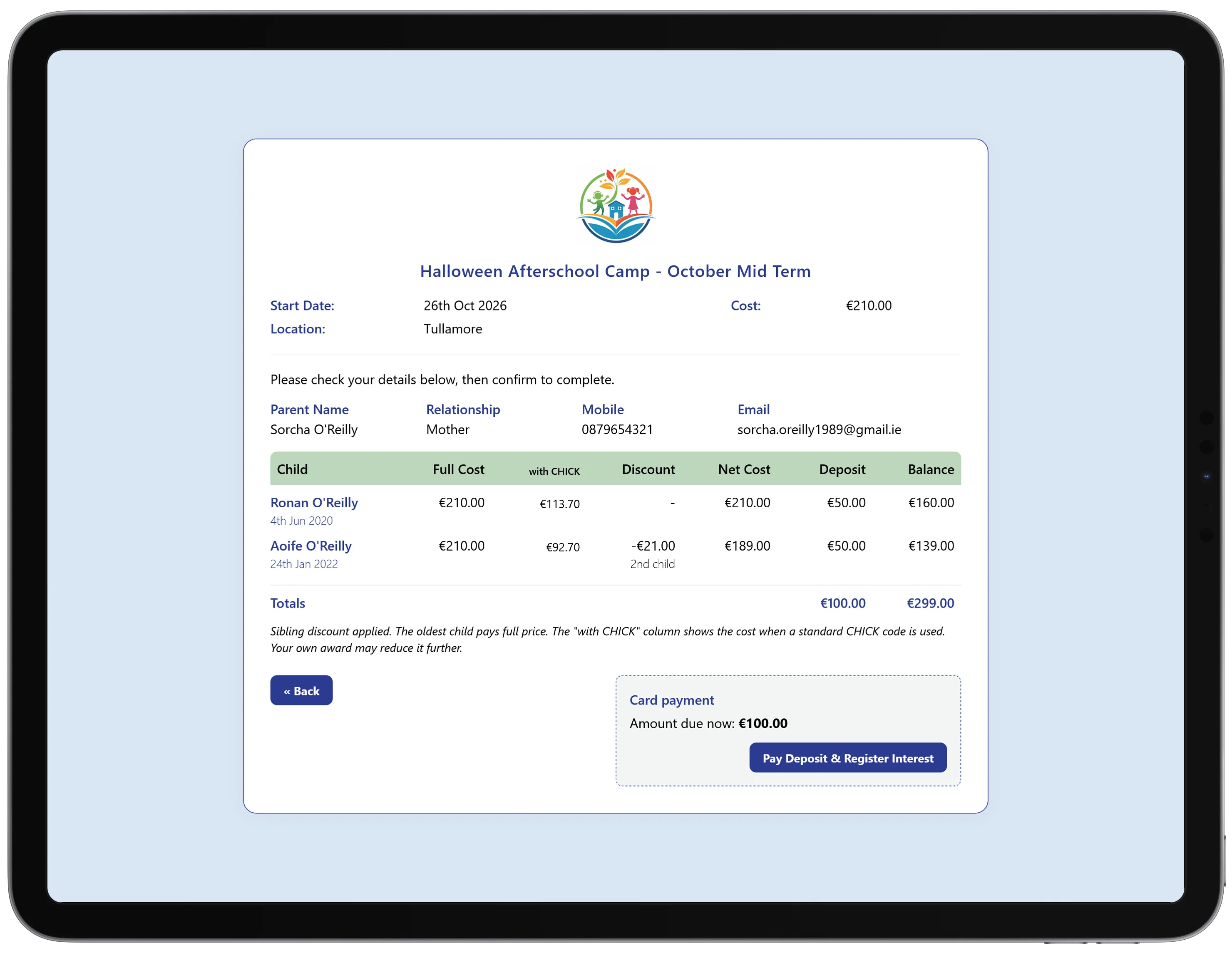 Booking summary with the second child sibling discount applied to the total