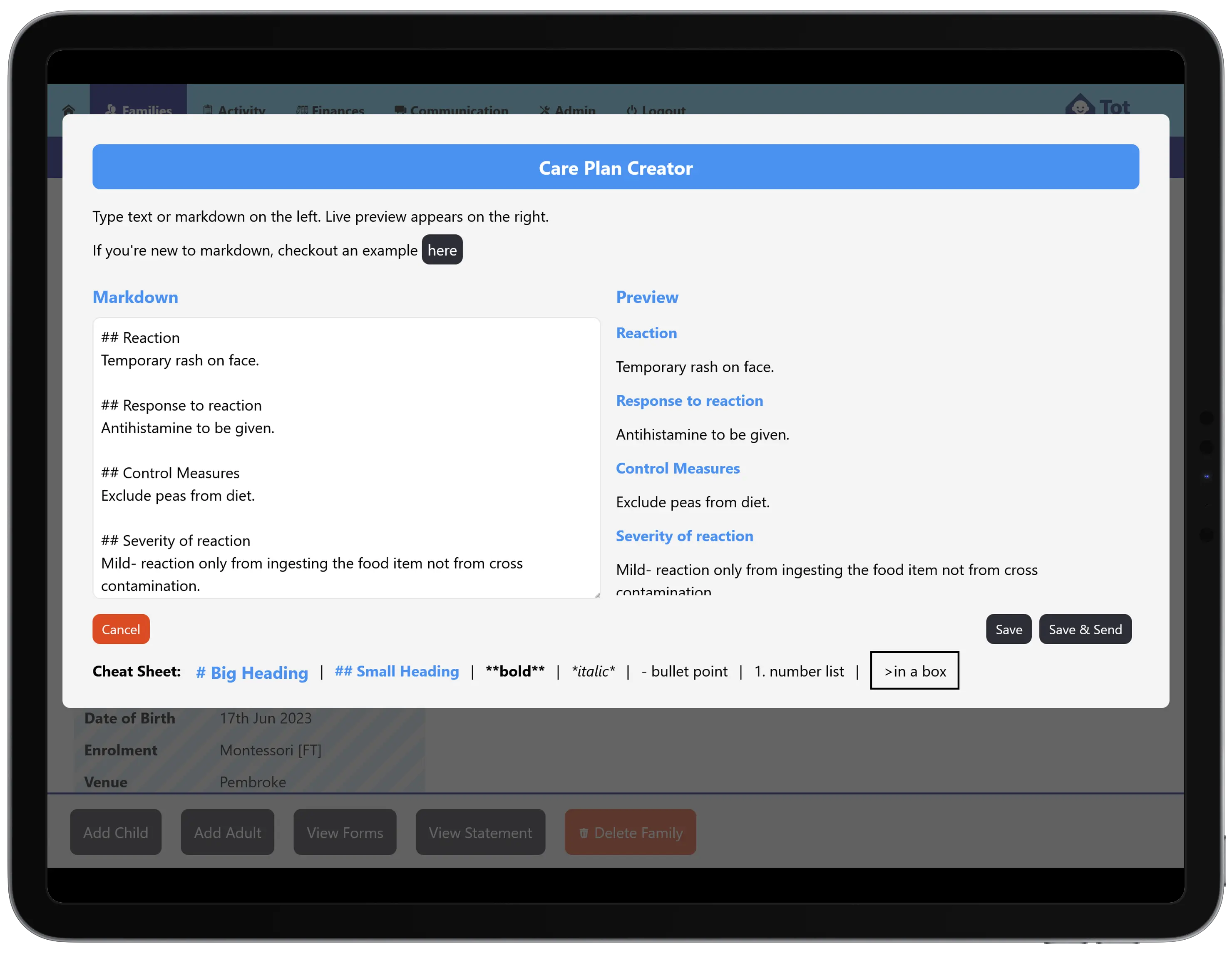 Creating an allergy and medical care plan in Tot Tracker with structured allergen and sub-allergen selection