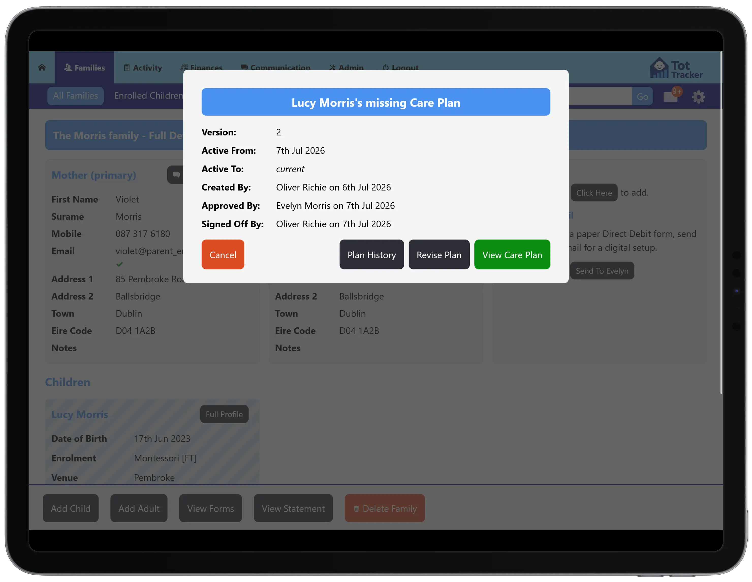 Admin view of a child's allergy and medical care plans with current, awaiting-review and signed statuses
