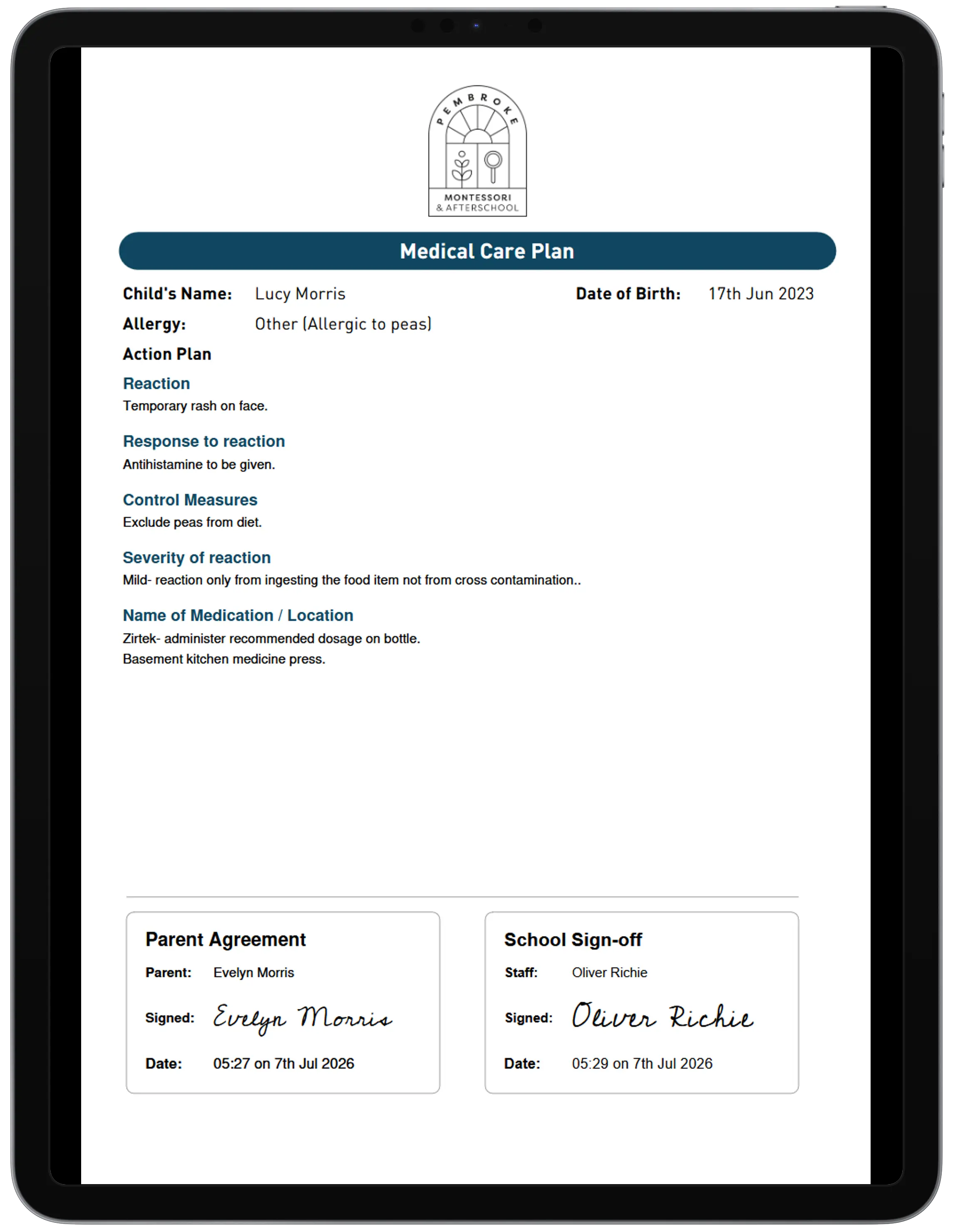 Example of a completed Tot Tracker care plan showing the structured allergy and medical detail