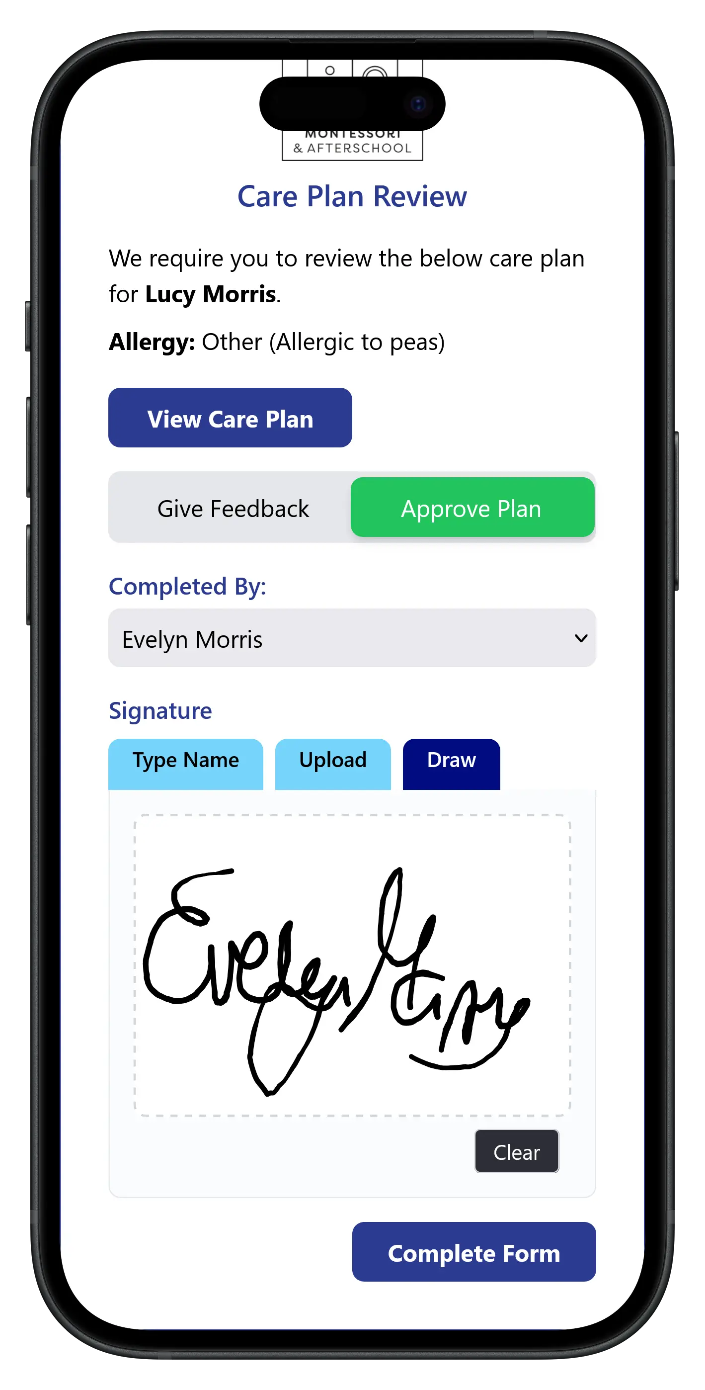 Parent reviewing and signing their child's allergy care plan in the Tot Tracker parent app