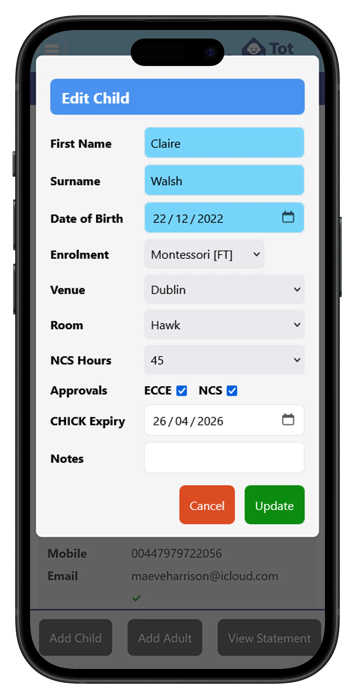 Child details screen showing personal information, CHICK code, NCS hours and ECCE eligibility for an Irish childcare setting