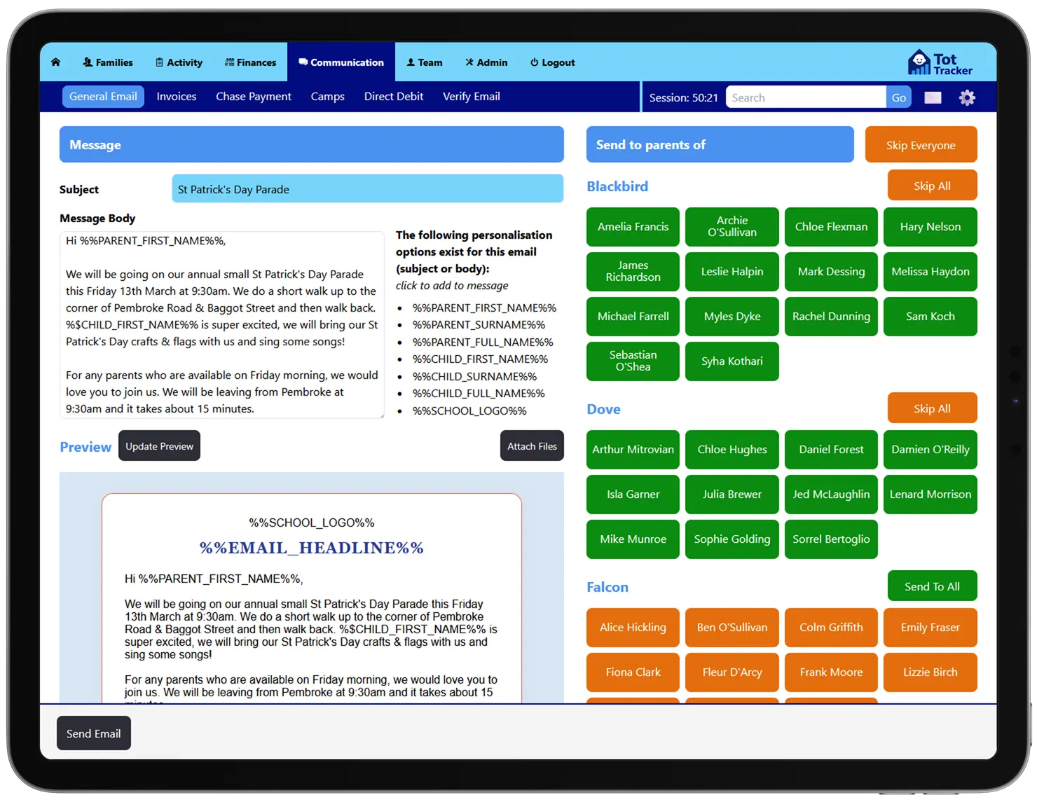 Parent communication tools including messaging and notifications