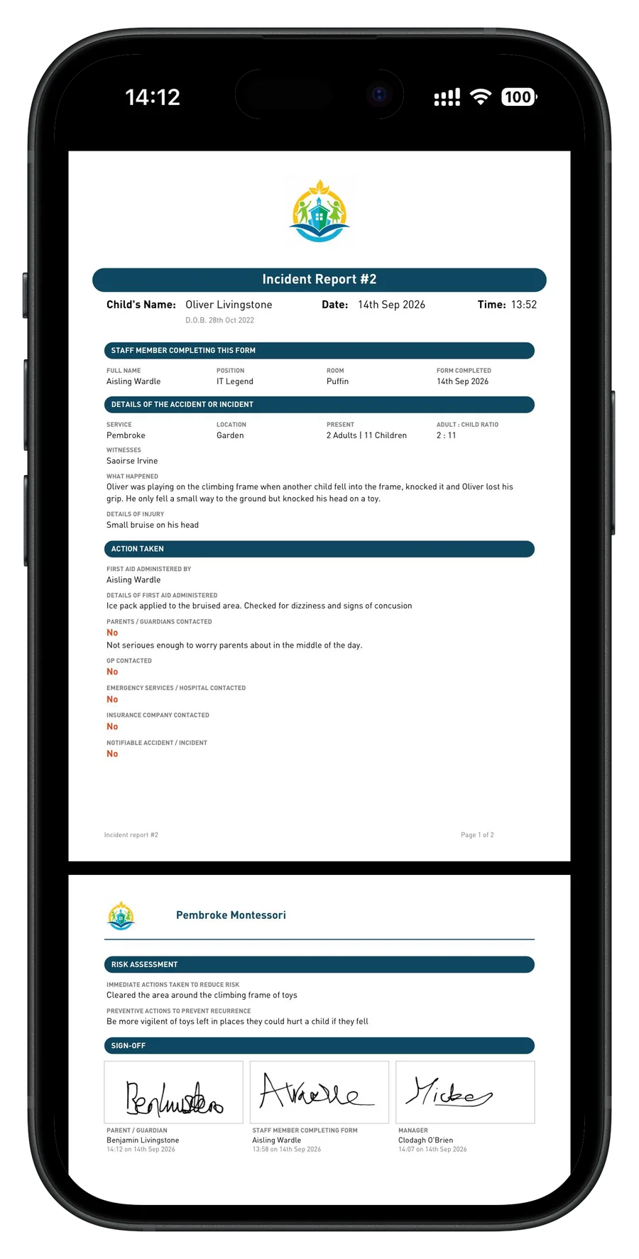The finished incident report as a branded PDF showing the risk assessment and three signatures
