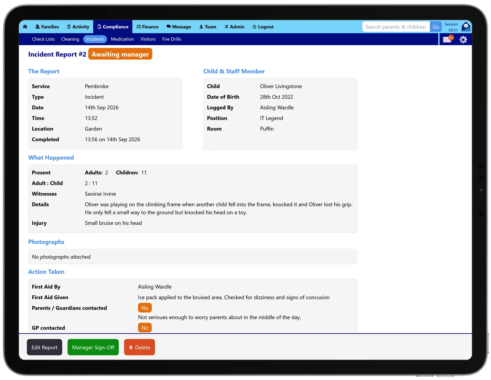 An incident report open in the Tot Tracker Compliance section on a tablet, marked as awaiting manager sign-off
