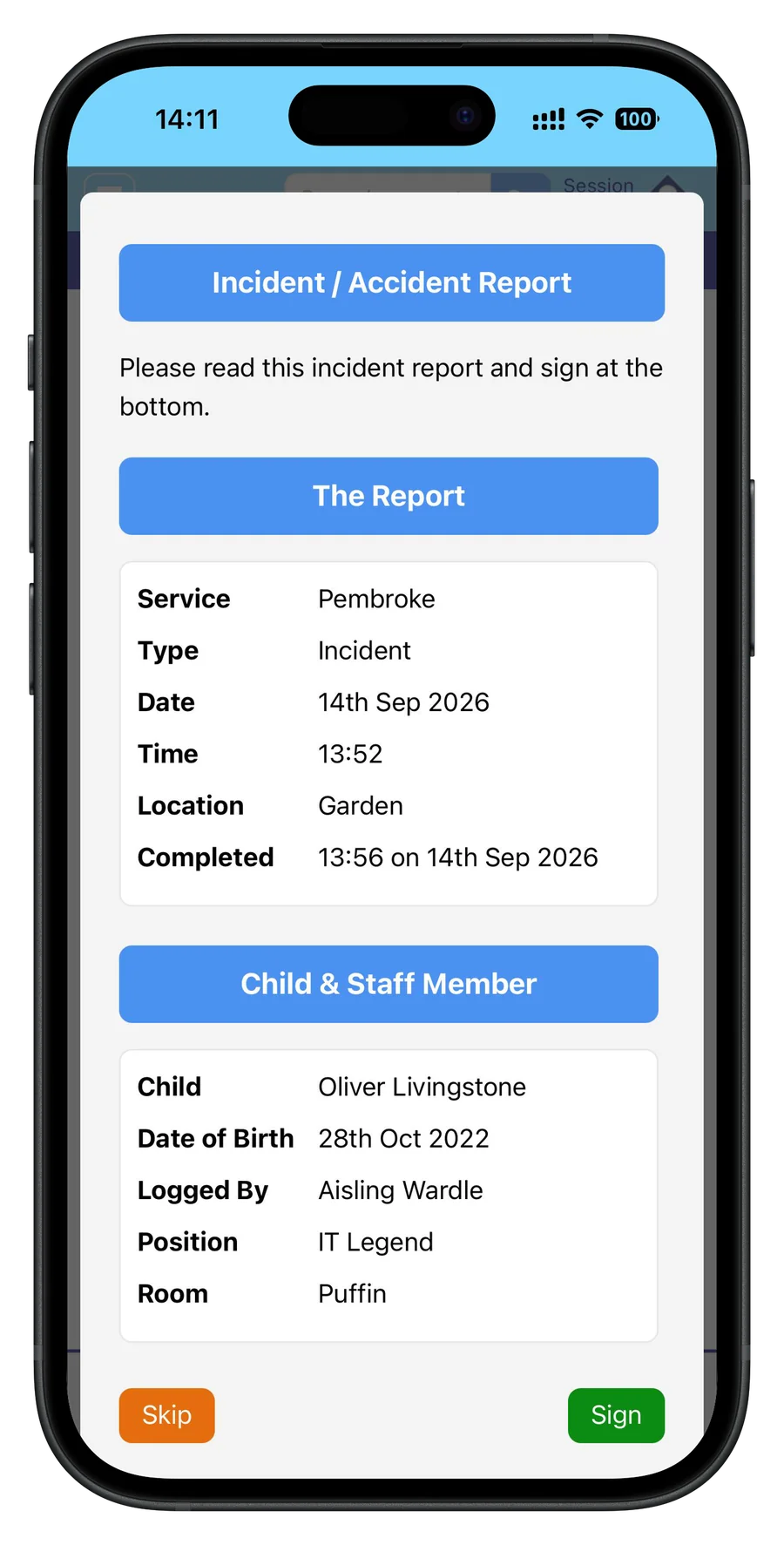 A parent reading an incident report on a phone at collection time, with Skip and Sign buttons