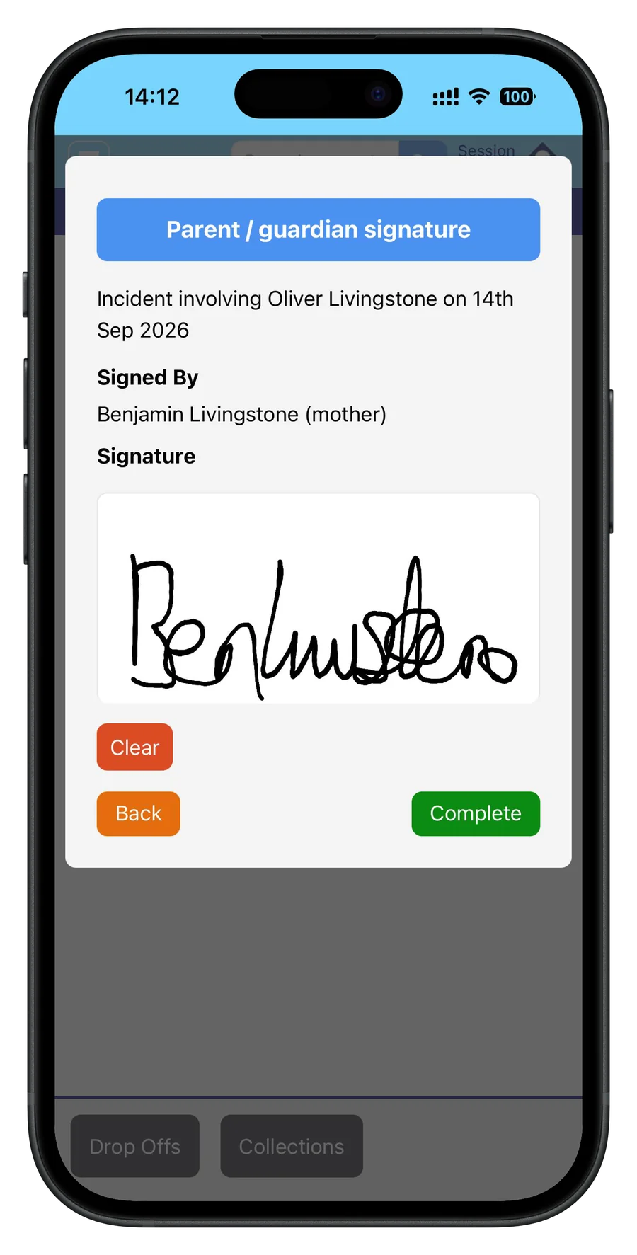 A parent signing an incident report on a phone screen with a finger
