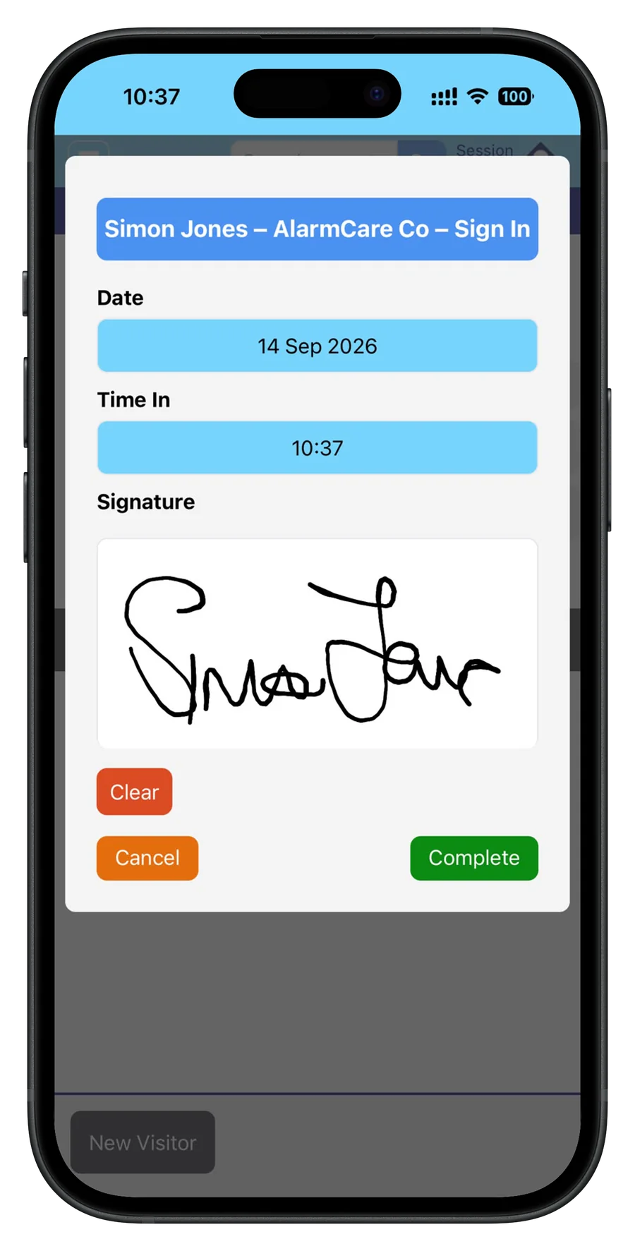 A visitor signing in to a childcare setting on a phone, with the date, time in and a signature box