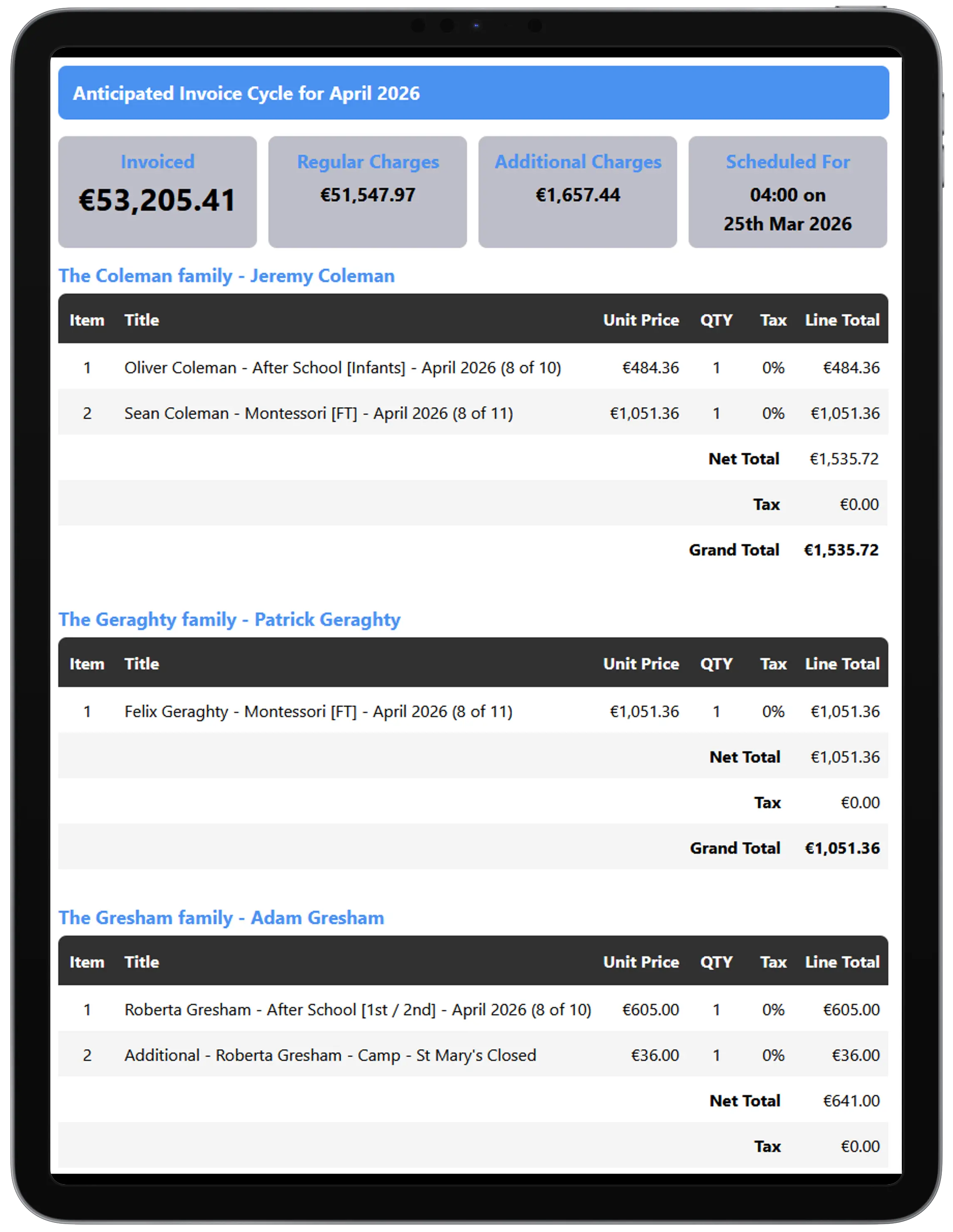 Monthly invoice cycle preview showing upcoming charges for all families with ECCE and NCS adjustments