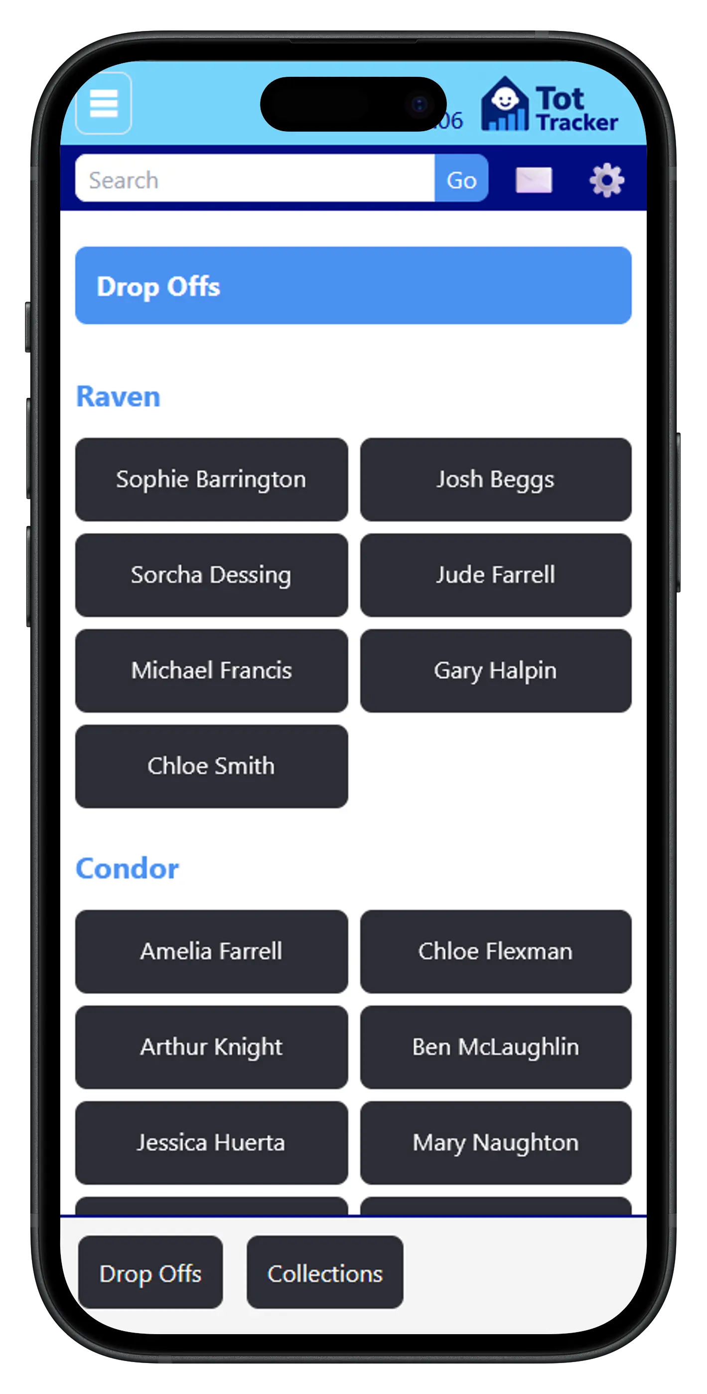 Tot Tracker drop-off screen showing child check-in with timestamp for Irish childcare attendance records