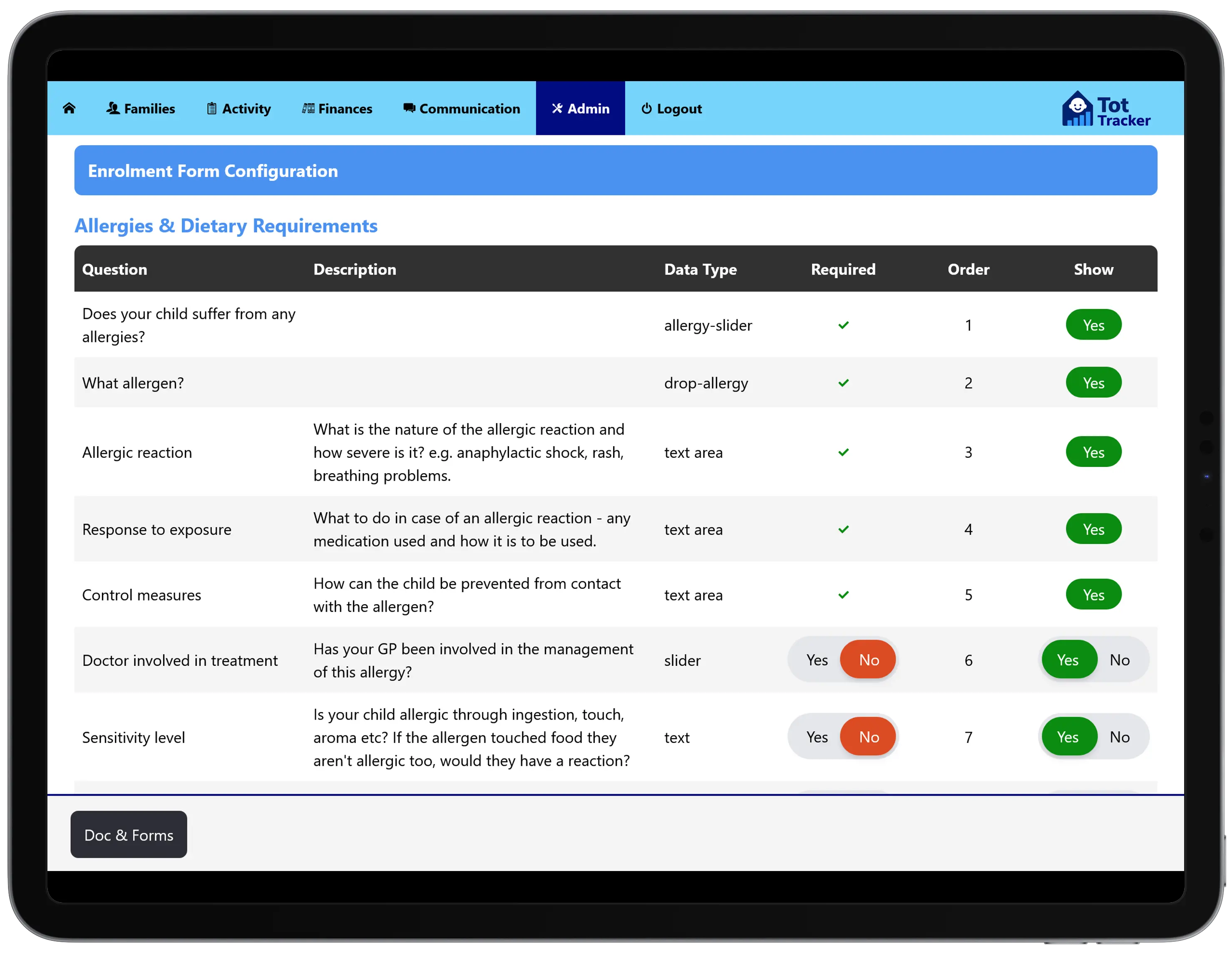 Tot Tracker admin form builder where a setting enables enrolment questions and marks them as required