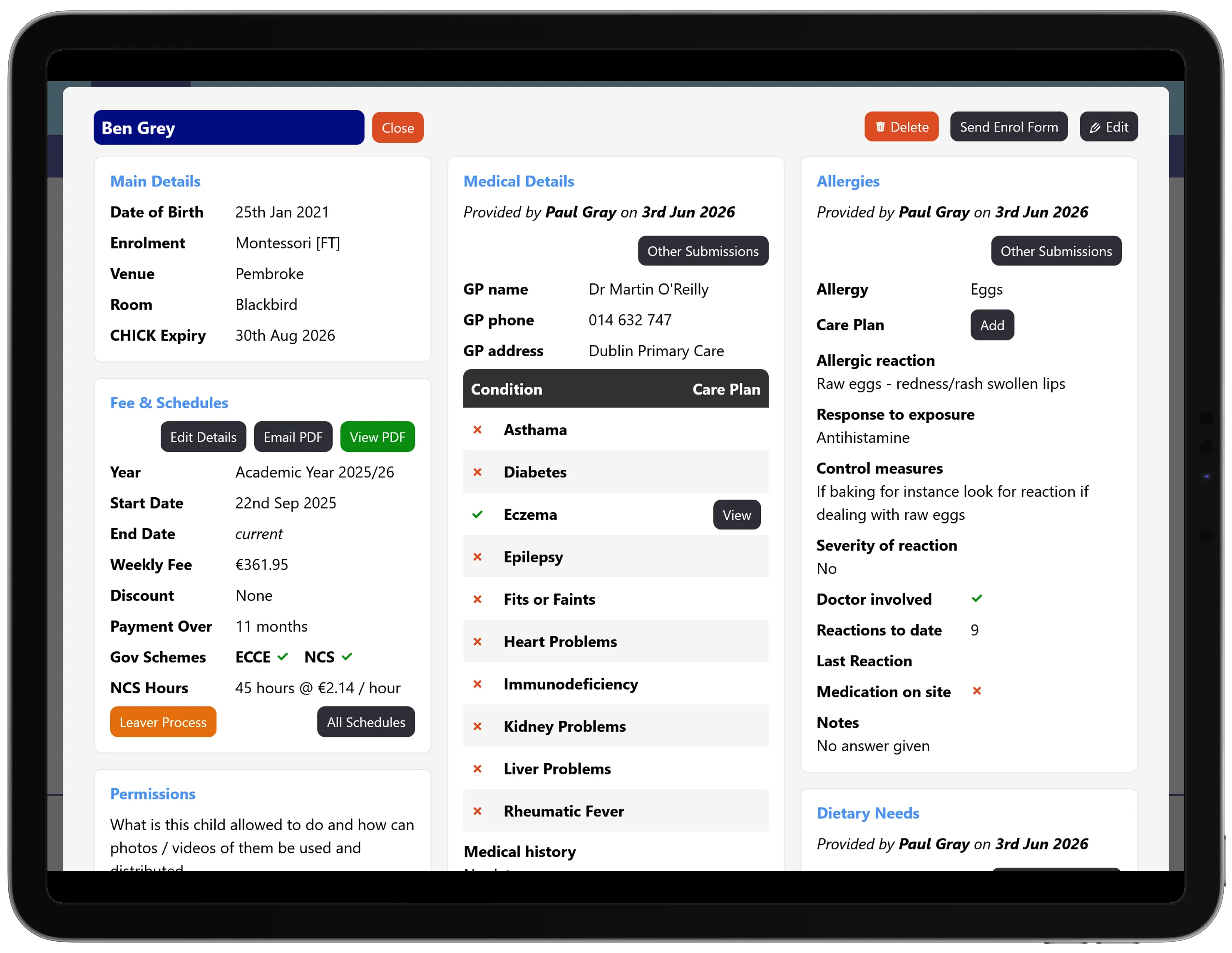 Admin view showing submitted enrolment data displayed on the child's profile for staff