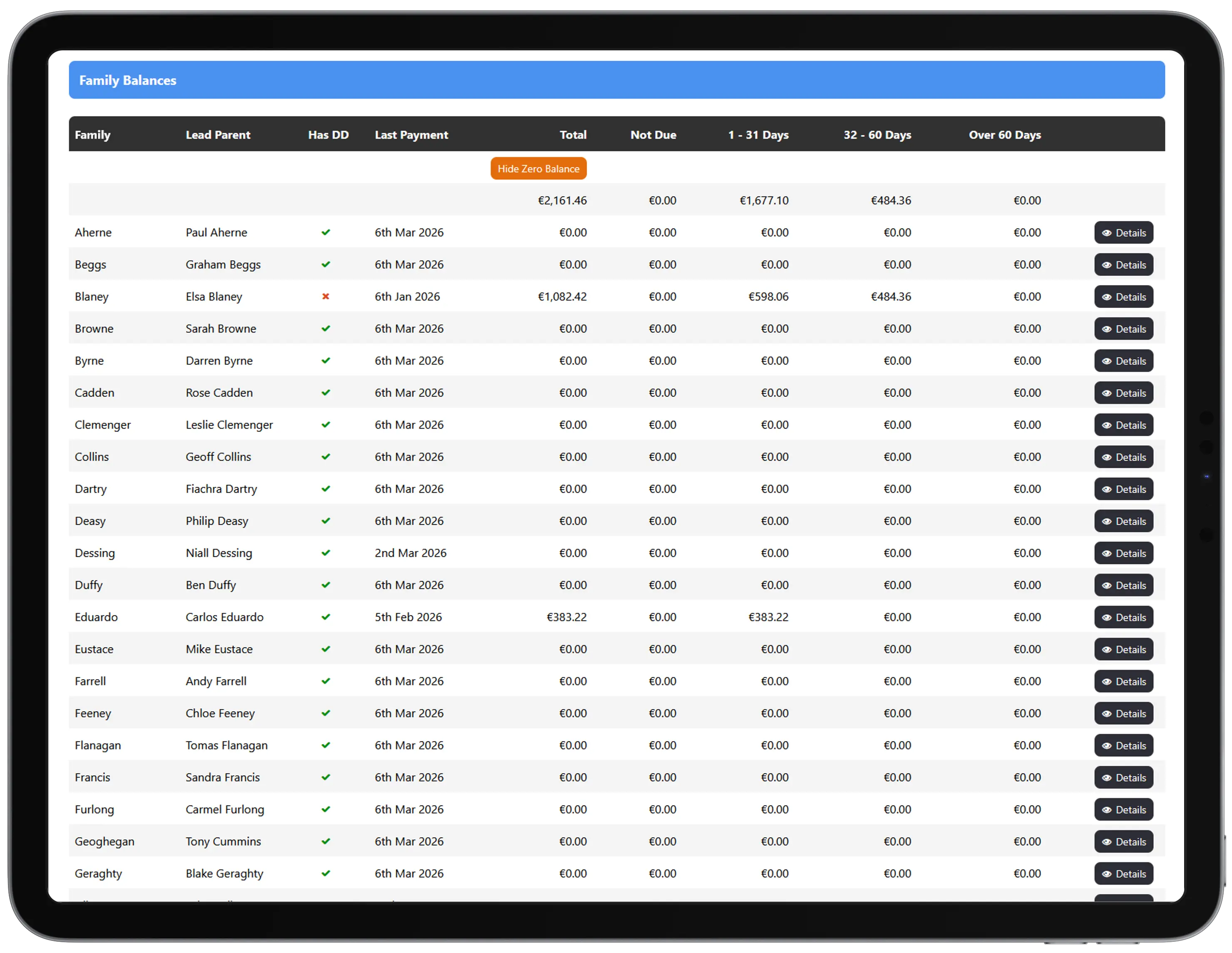 Family balances and aged debtor screen showing Direct Debit payment status and overdue amounts for Irish childcare service
