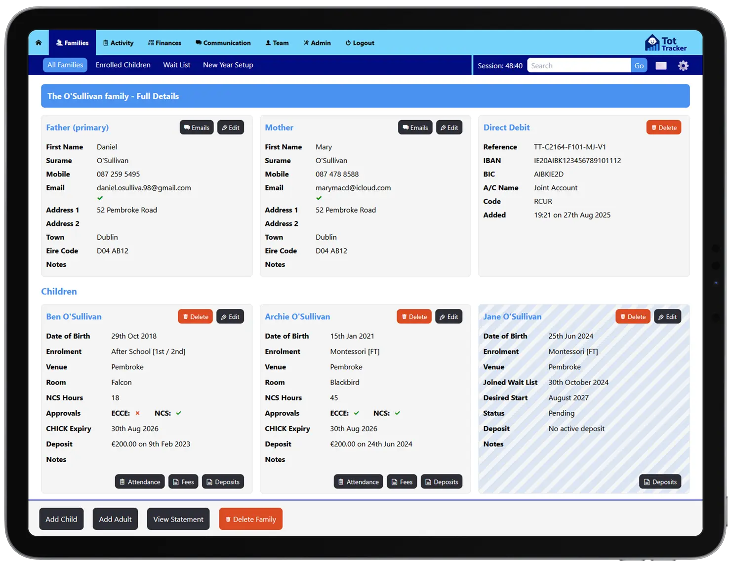 Family management screen with child and guardian details