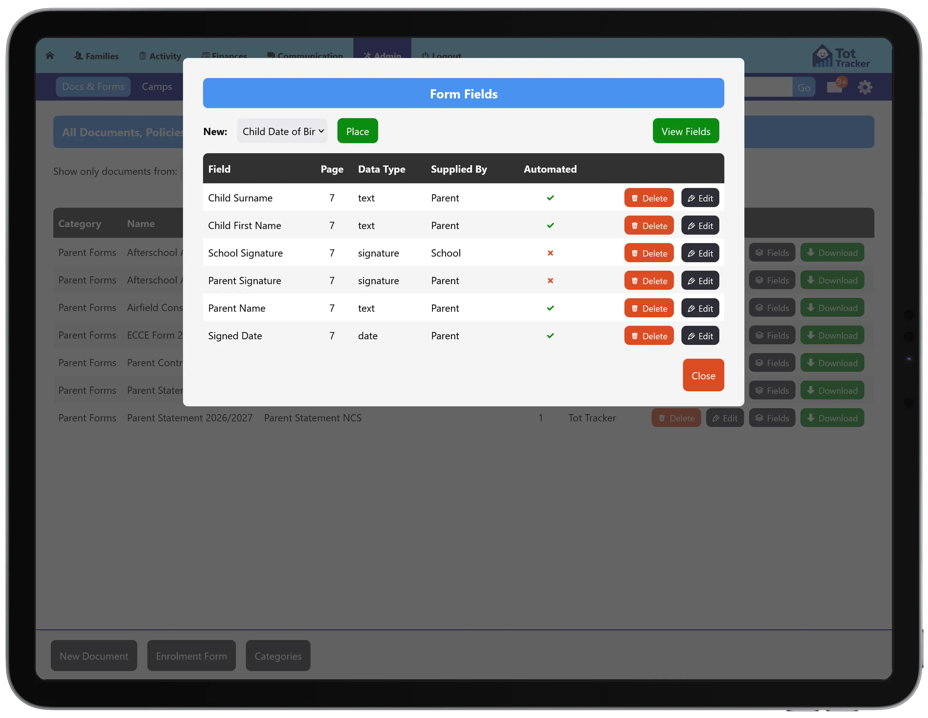 Admin Form Fields screen showing each field mapped to a page, data type and who supplies it