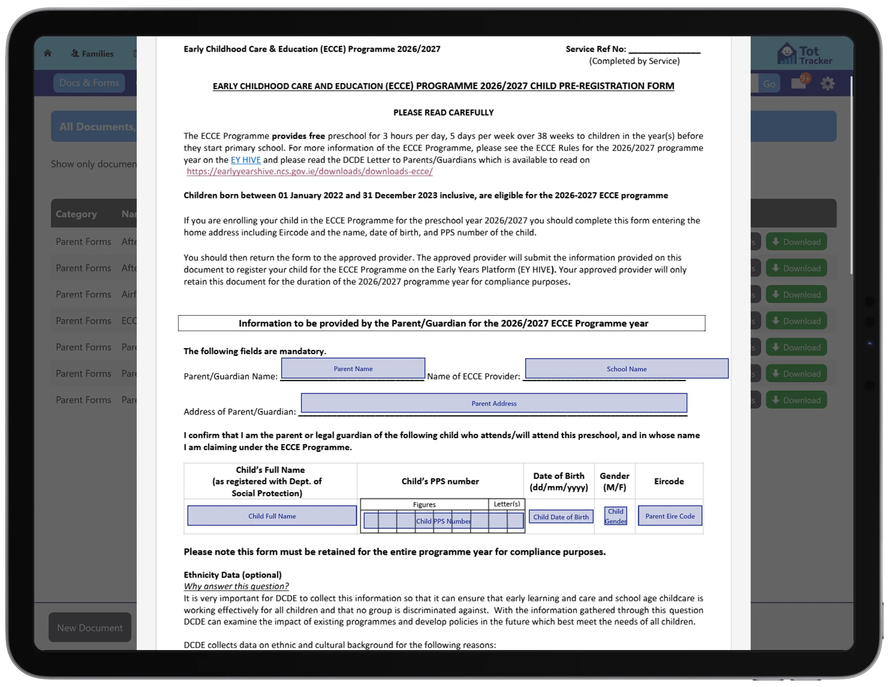 The ECCE pre-registration form, one of the common forms Tot Tracker builds centrally for every service