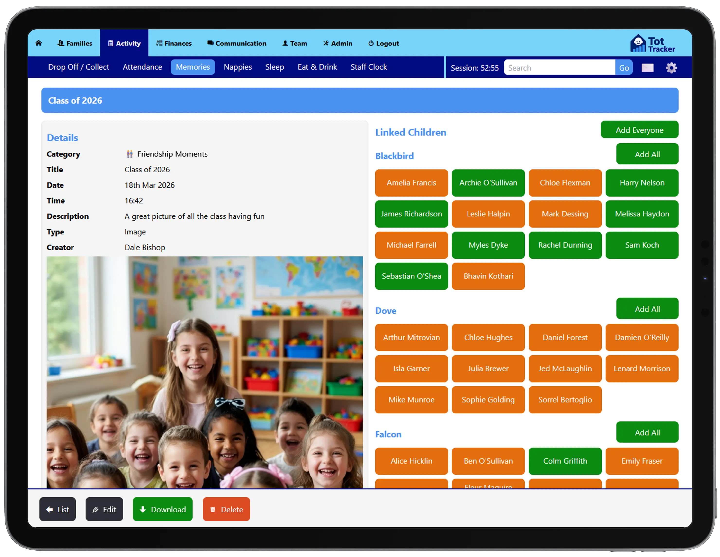Staff view for recording child activities, milestones and photos in an Irish Montessori setting