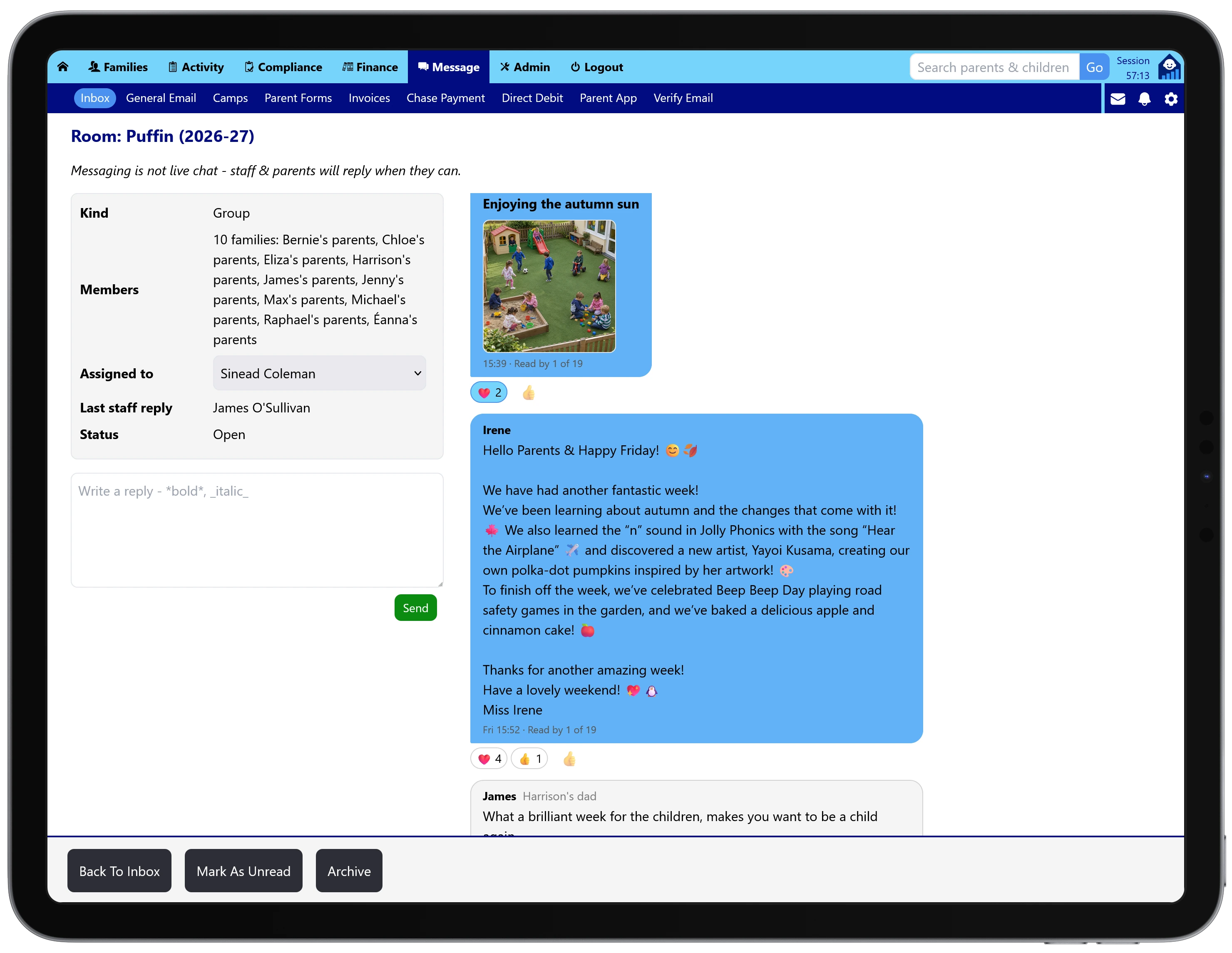 A room group message in Tot Tracker on a tablet, showing the families in the group, who it is assigned to and how many have read it