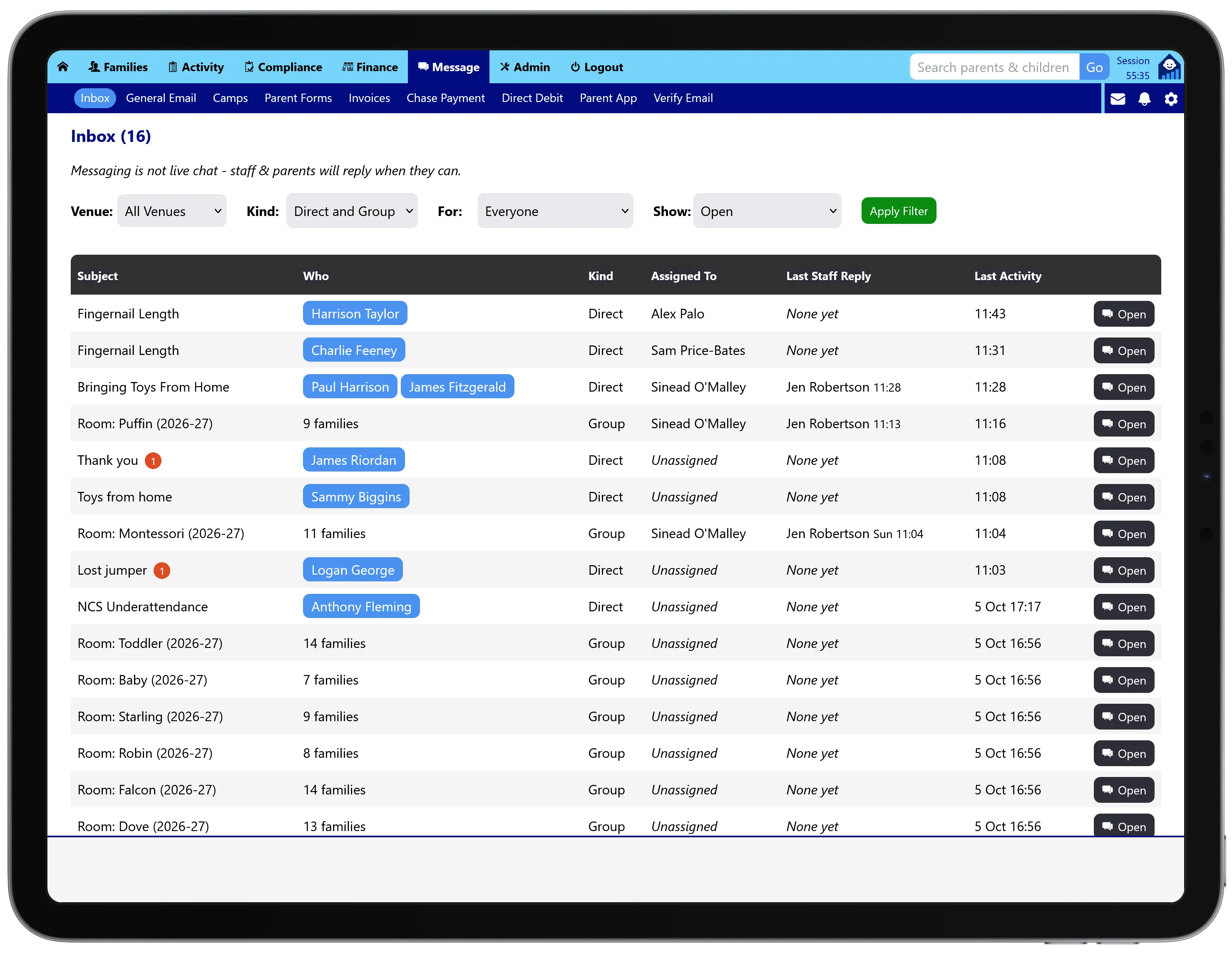 The Tot Tracker Inbox on a tablet, listing conversations with parents with their children, who each is assigned to and when staff last replied