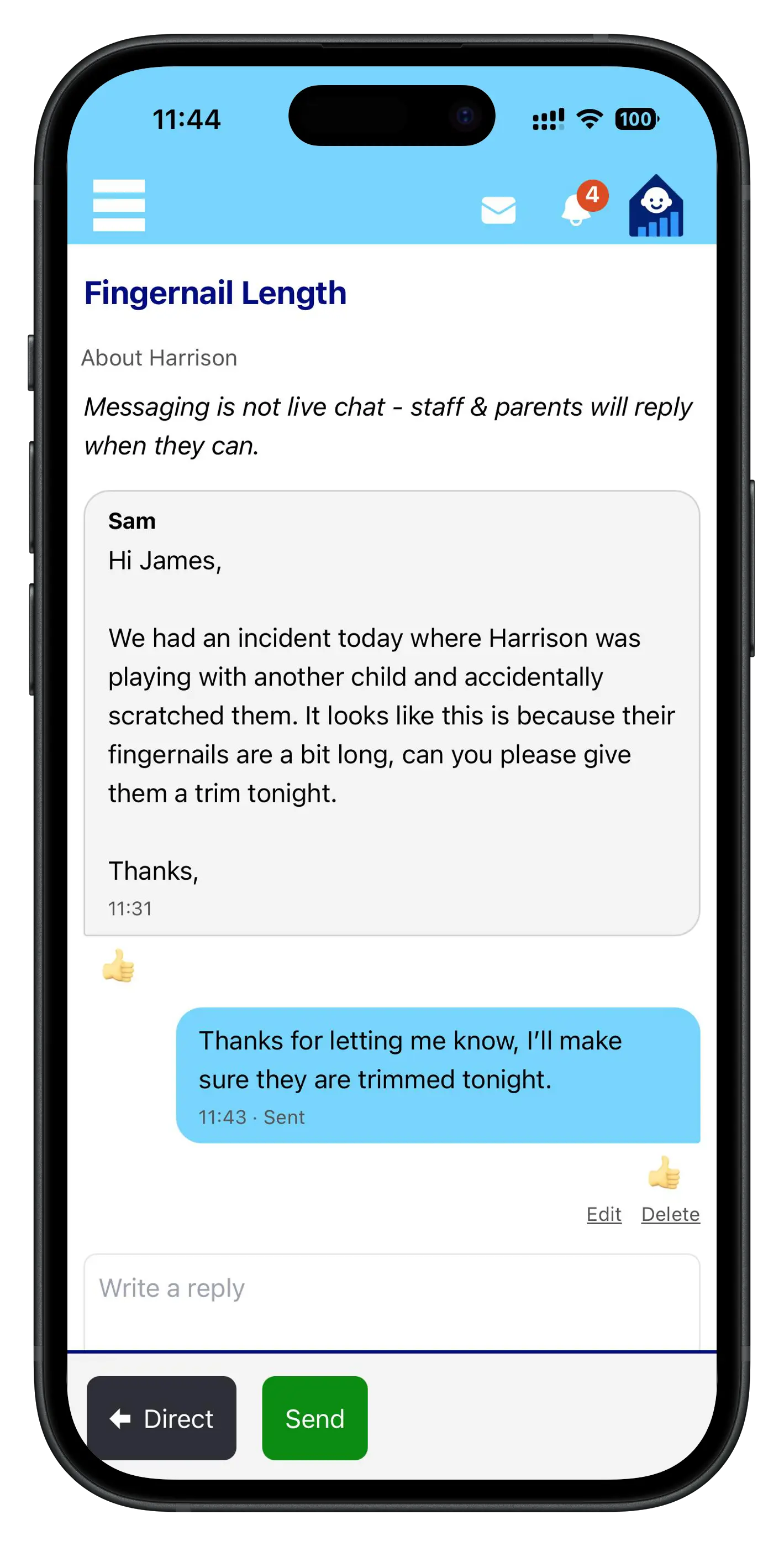 A parent writing a reply to the nursery in the Tot Tracker parent app on a phone
