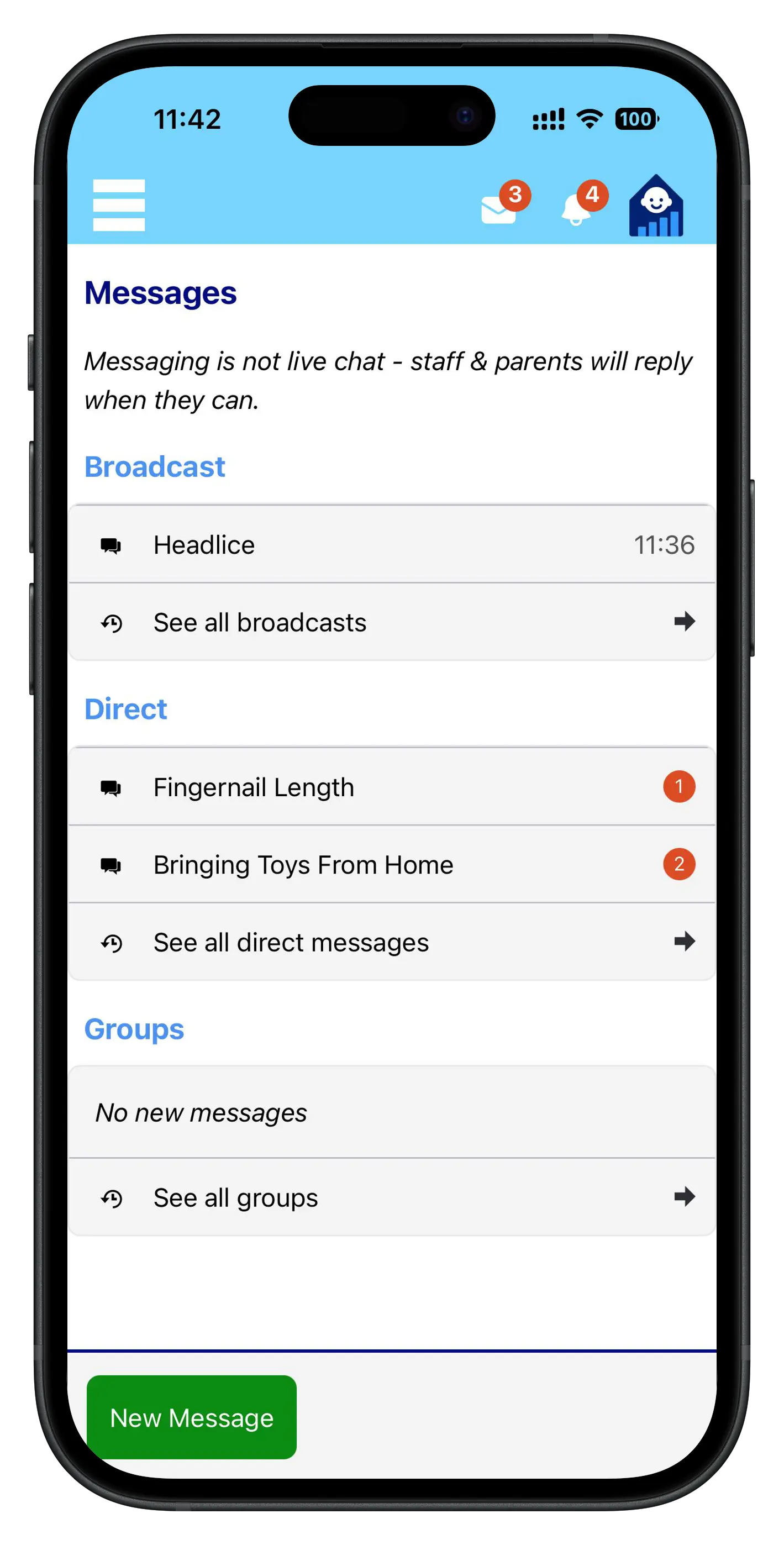 A conversation with the nursery open in the Tot Tracker parent app on a phone