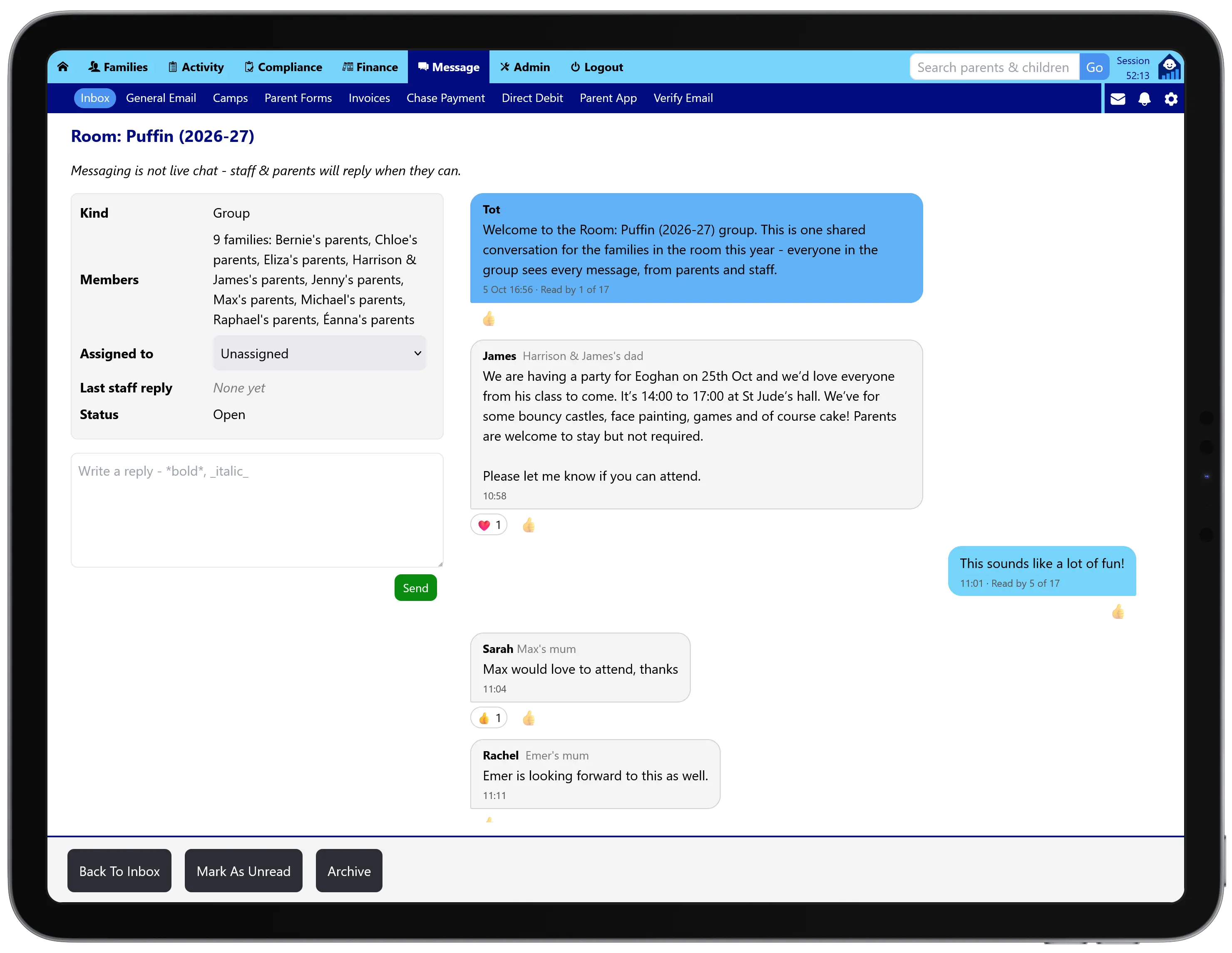 A conversation with a parent open in the Tot Tracker Inbox on a tablet, with the details beside the thread and a reply box