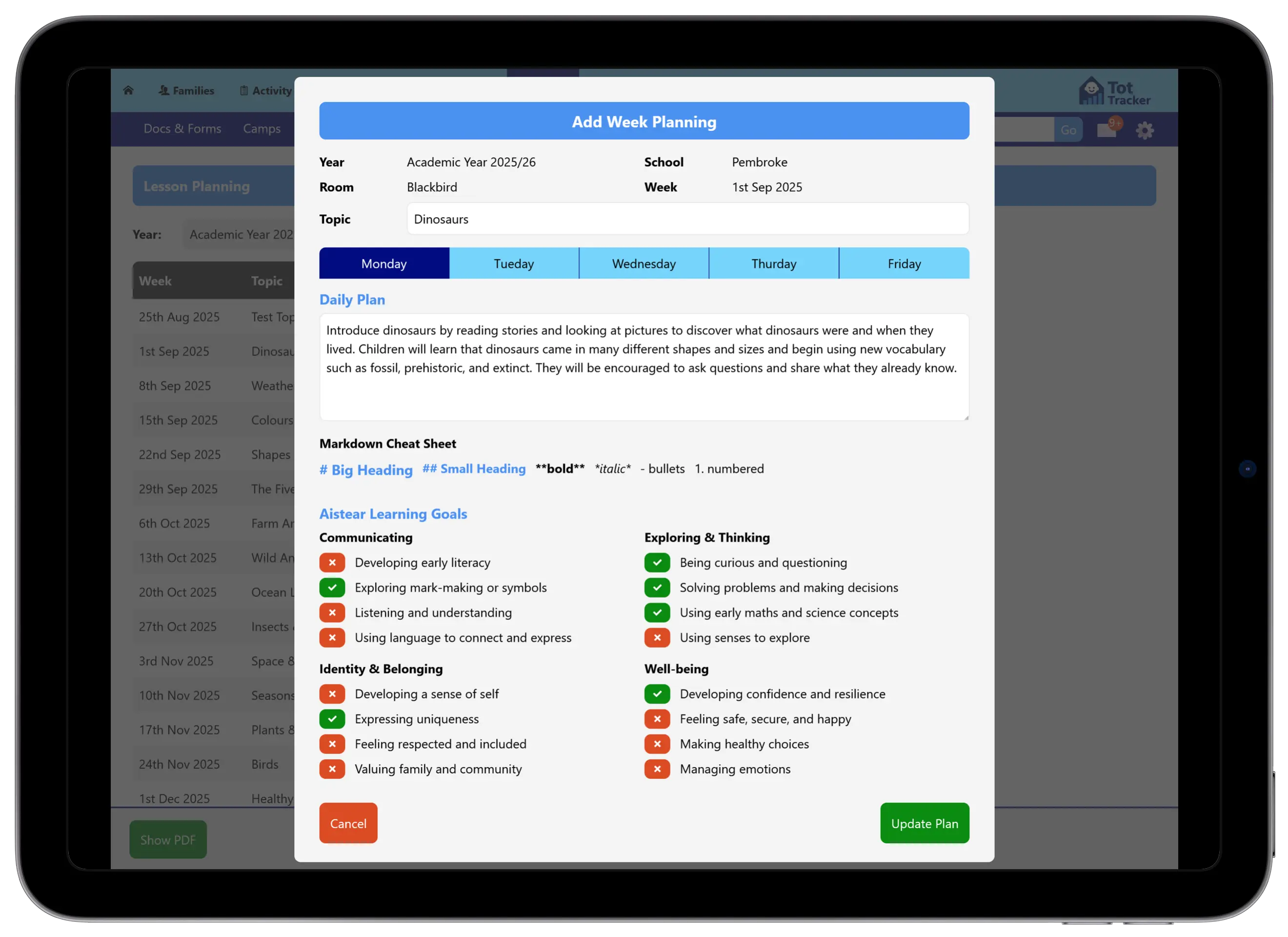 Weekly lesson planning screen showing the daily plan and Aistear learning goals