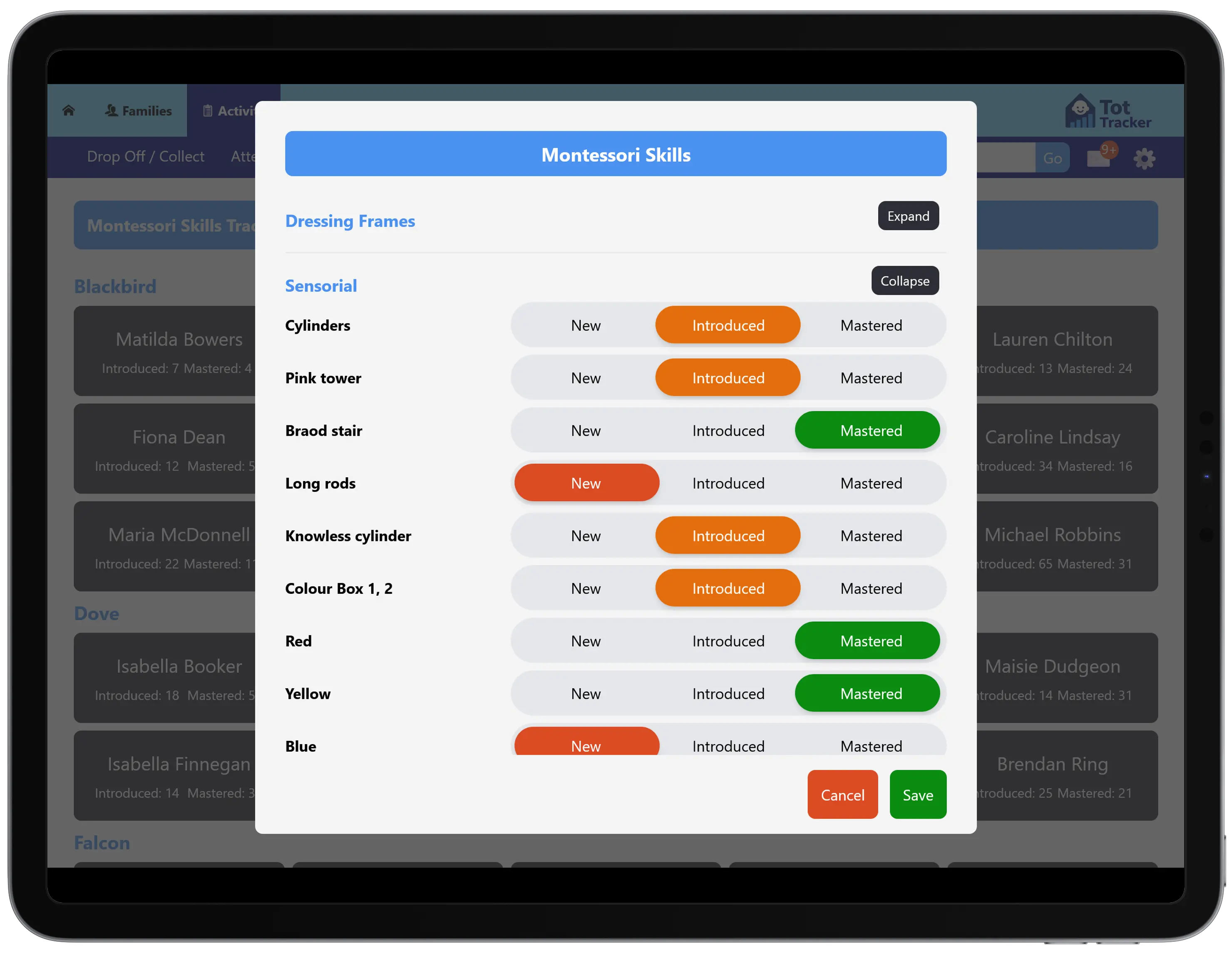 Recording a learning observation and tagging Montessori skills for a child in Tot Tracker