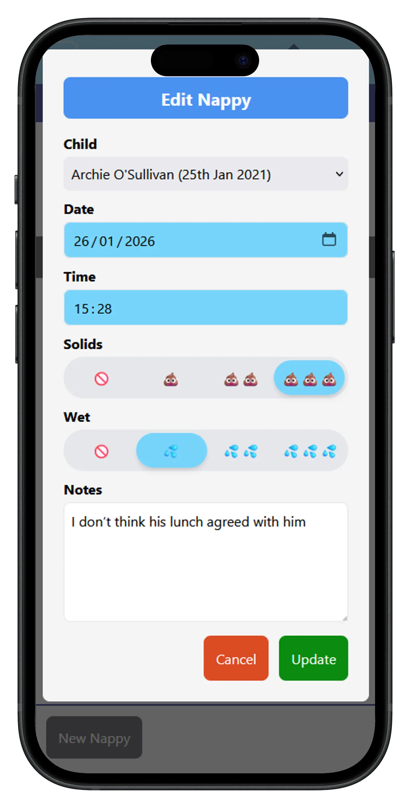 Staff nappy change logging screen showing type and time recorded for each child