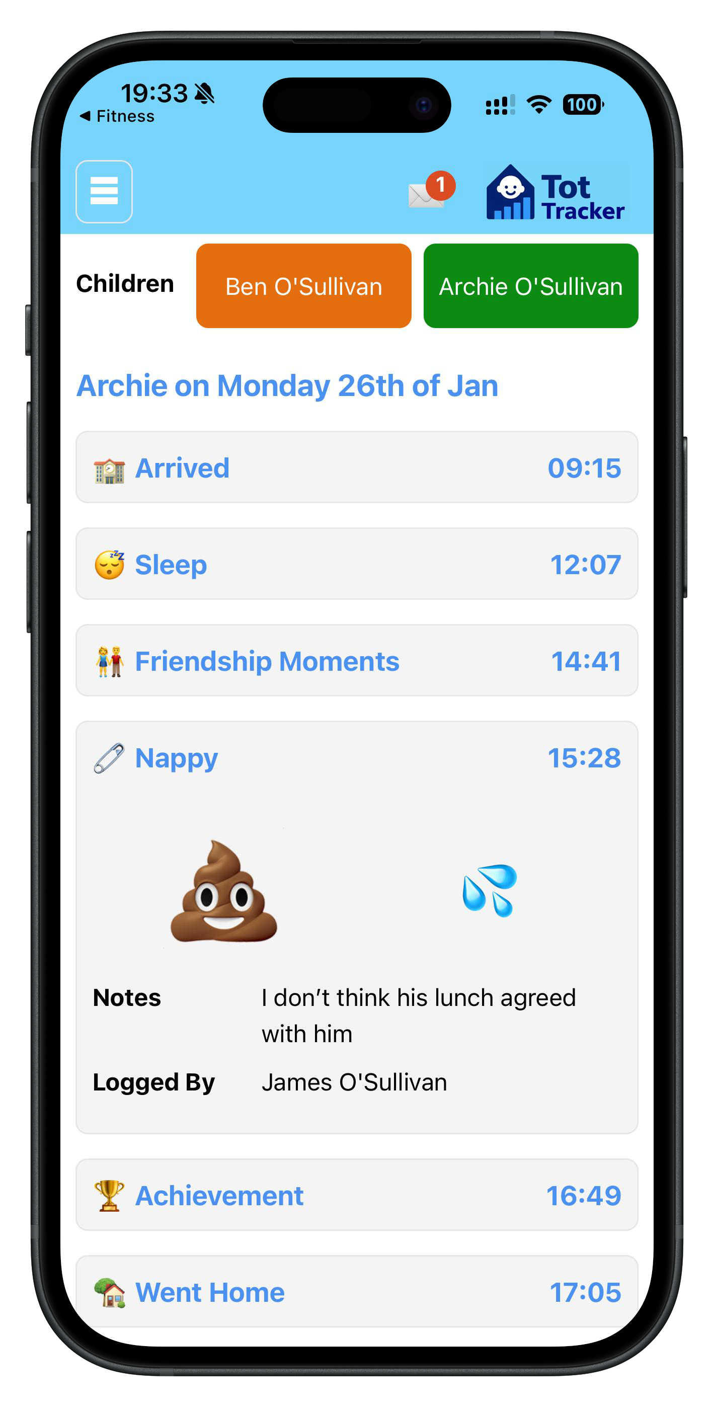 Parent app nappy change notification showing what happened and when during the day
