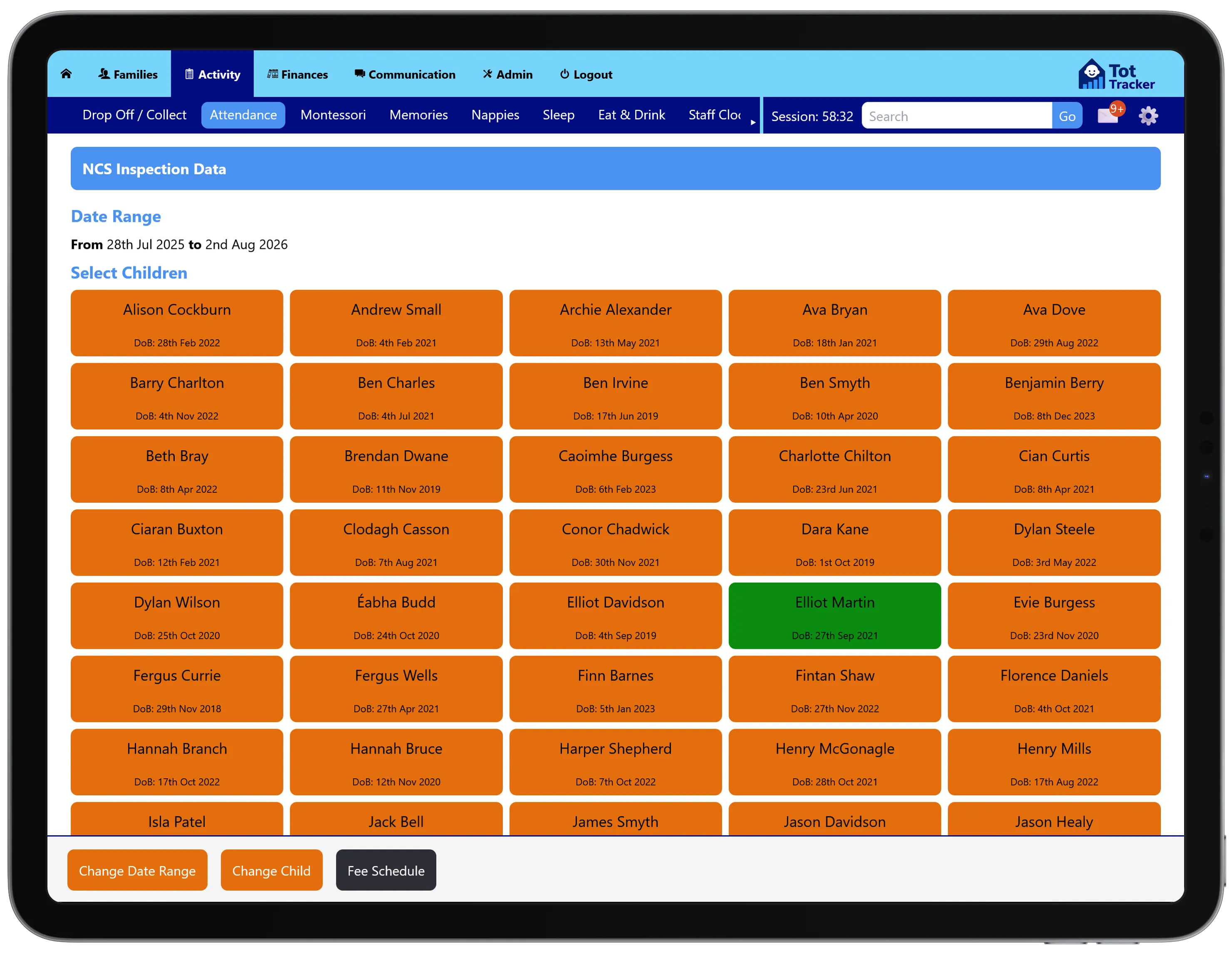 Selecting a child to view their NCS inspection data for a chosen date range