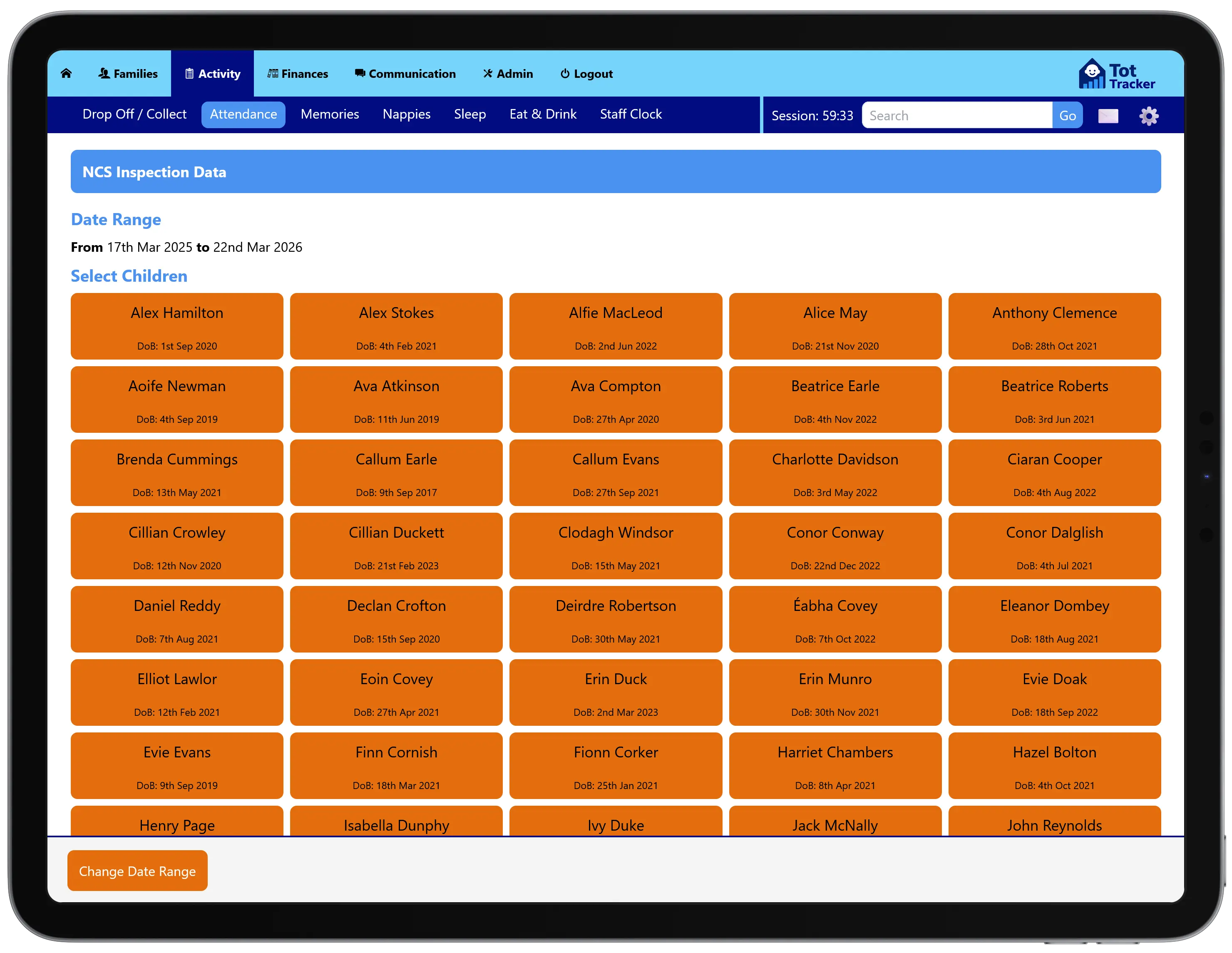 Detailed inspection view for a single child showing attendance log, edit history, fee schedule and parental agreement