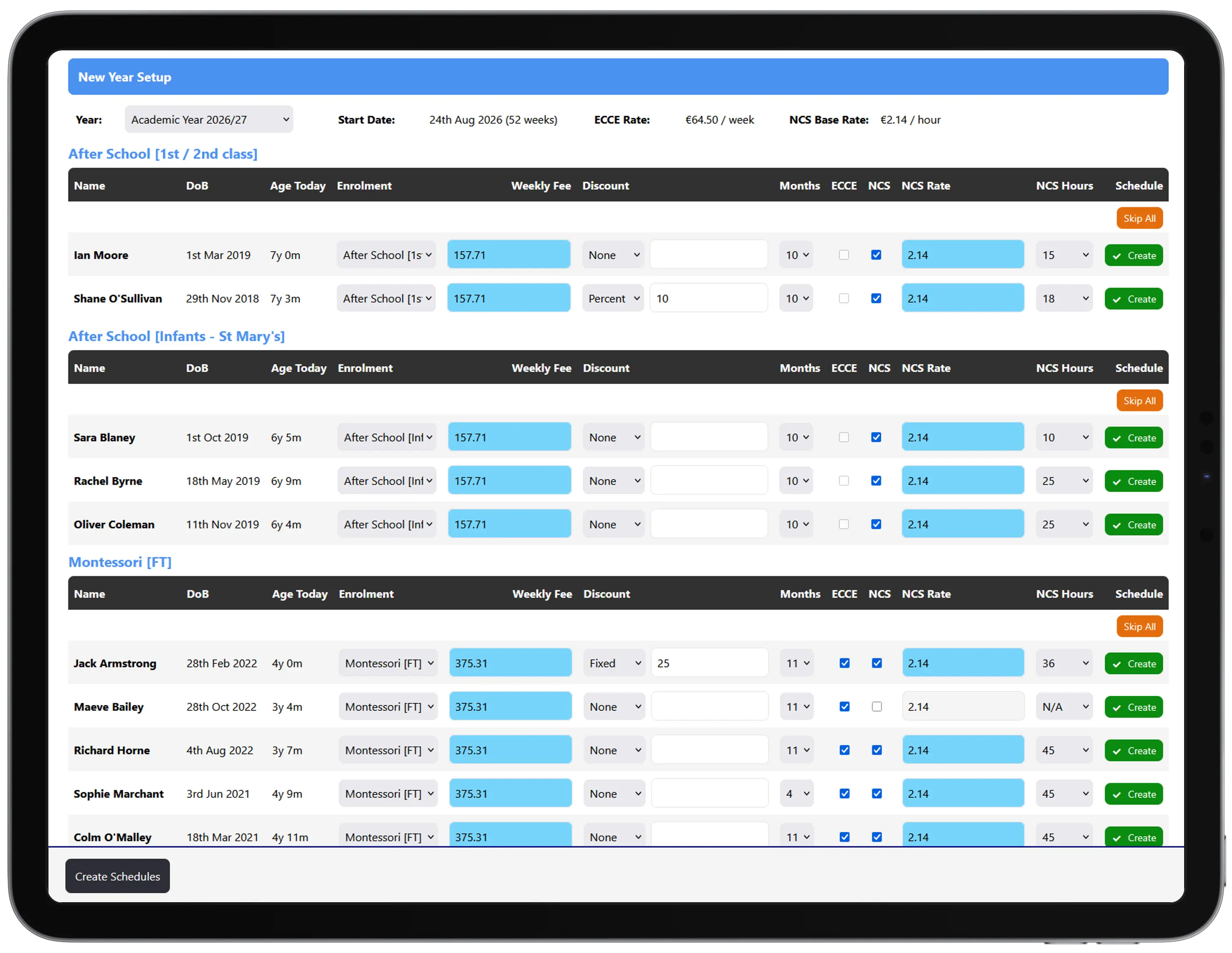 New year schedule generation for Irish childcare service with ECCE and NCS subsidy options