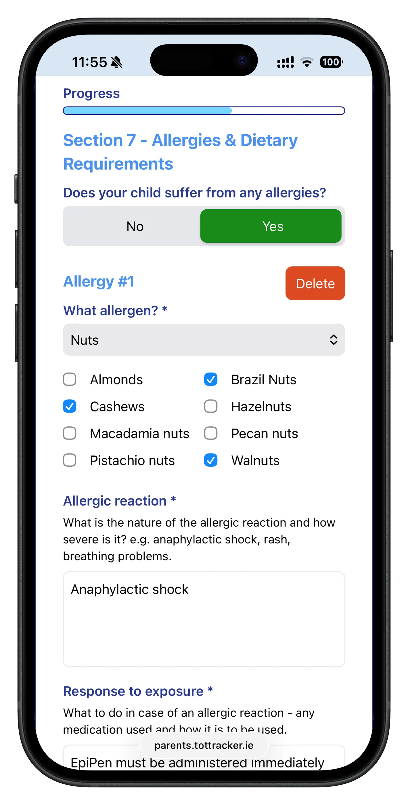 Parent completing the allergy and medical section of a Tot Tracker digital child enrolment form