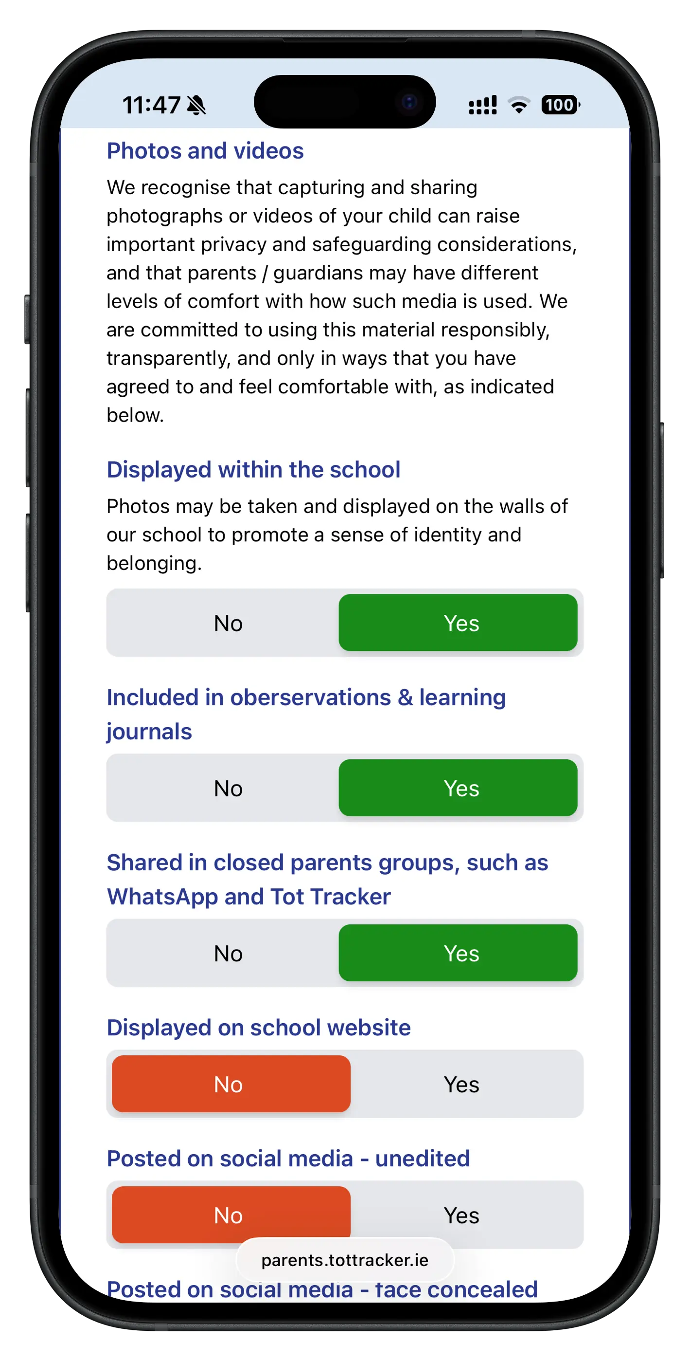 Parent completing the permissions section of a Tot Tracker digital child enrolment form