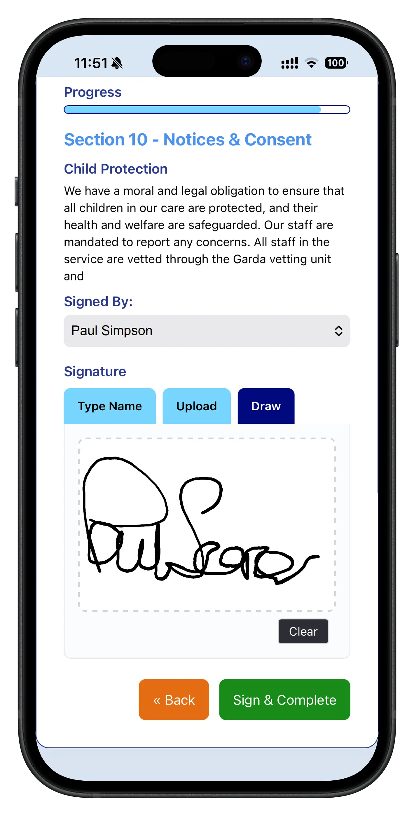 Parent adding a digital signature to their completed enrolment form on a mobile device