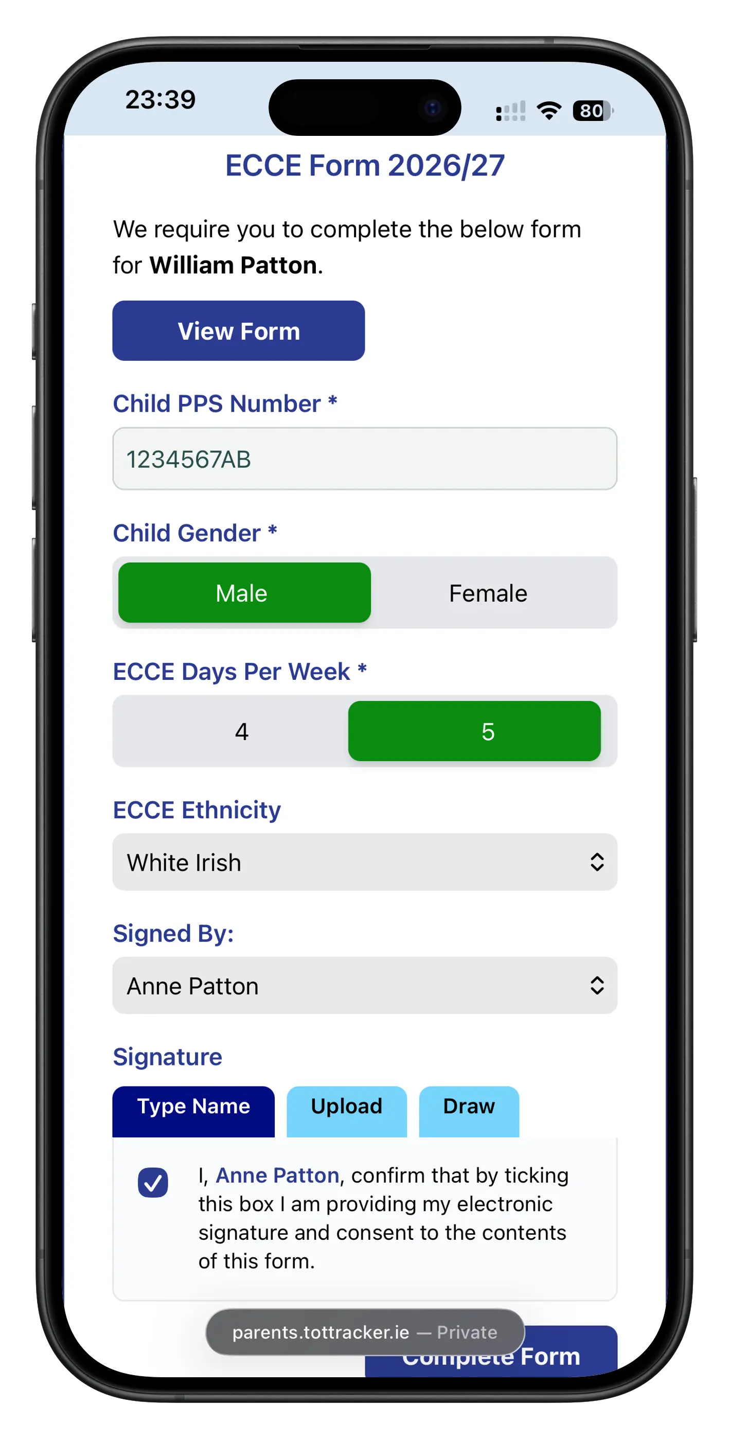 Parent completing and signing the ECCE form on their phone