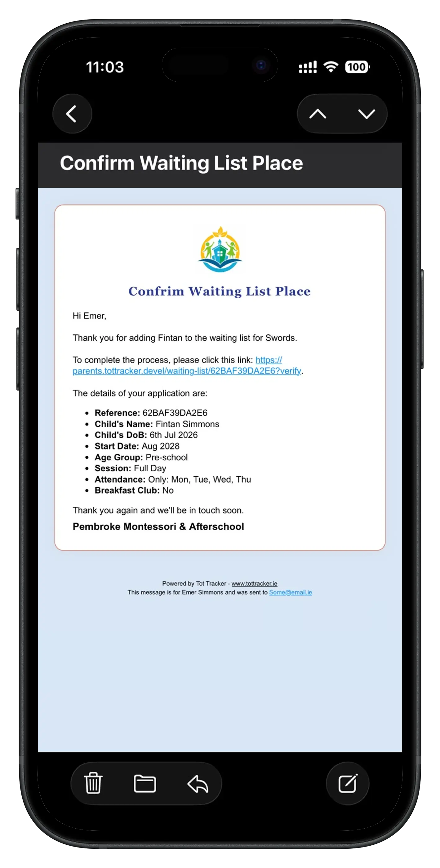 Parent confirmation email with the waiting list verification link